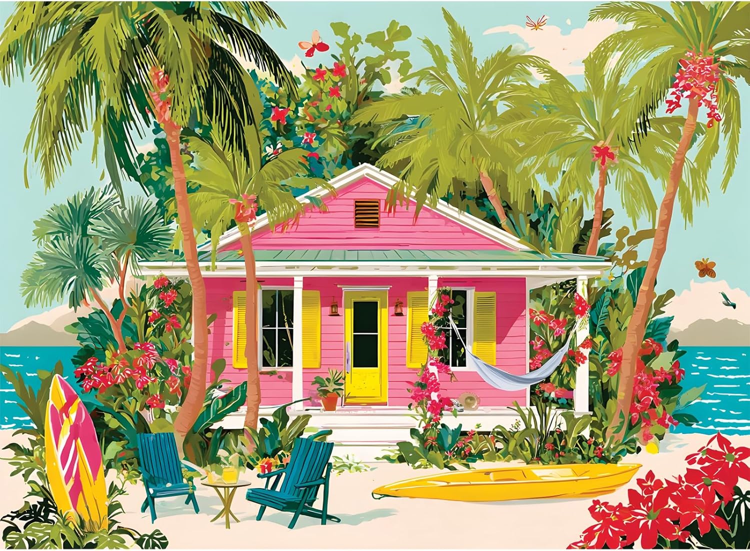 300 Piece Puzzles for Adults, Beauty Seaside Cottages Jigsaw Puzzles for Adult, Artwork of Beach with Surfboards and Ocean Puzzle, Leisure Puzzles for Friends, Game Nights Gifts, 20.5×15 in