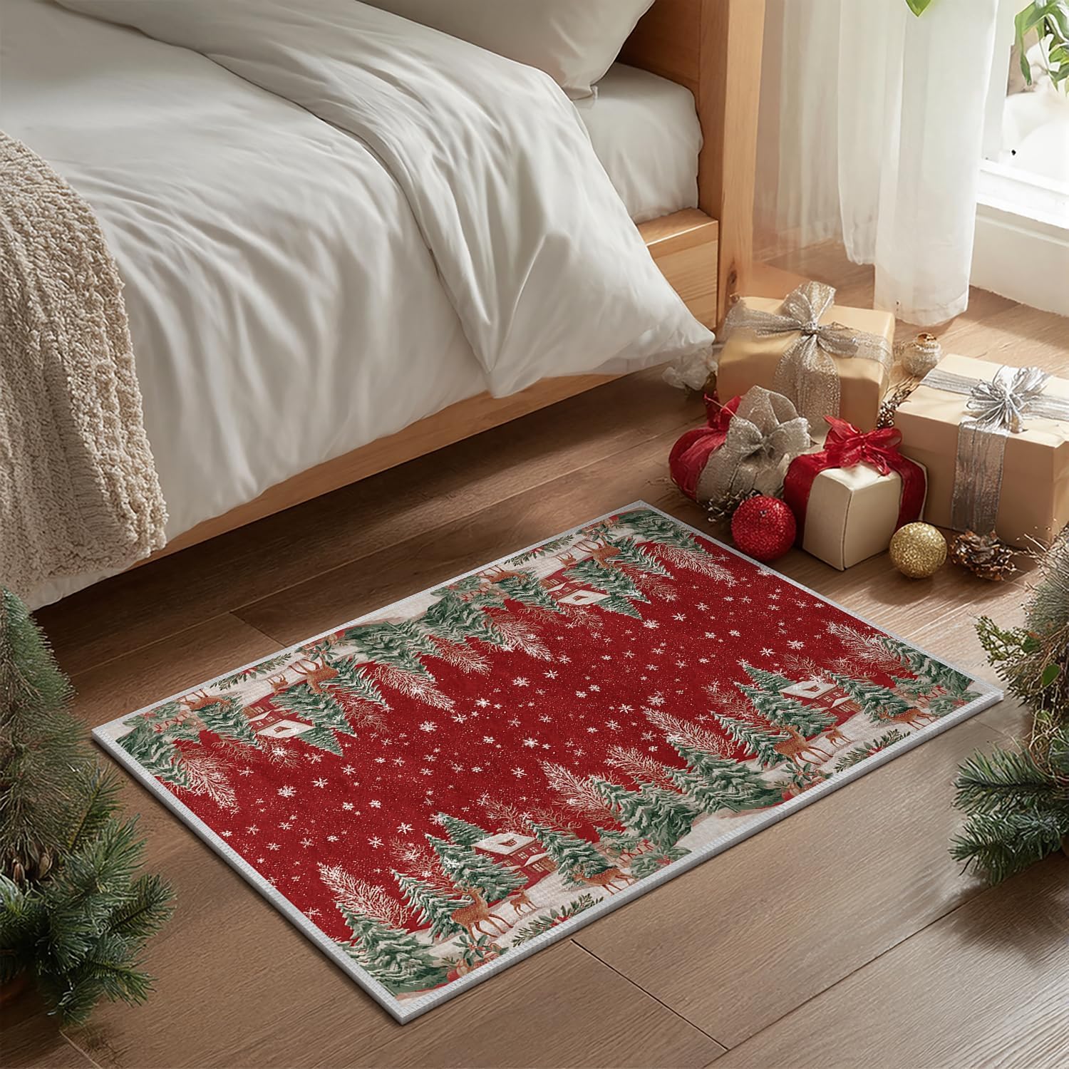 Artoid Mode Red Pine Tree Deer Christmas Runner Rug, Winter Home Decor Low-Profile Non-Slip Washable Carpet Runner for Hallways Kitchen Laundry Bedroom Bathroom 2x6 Feet