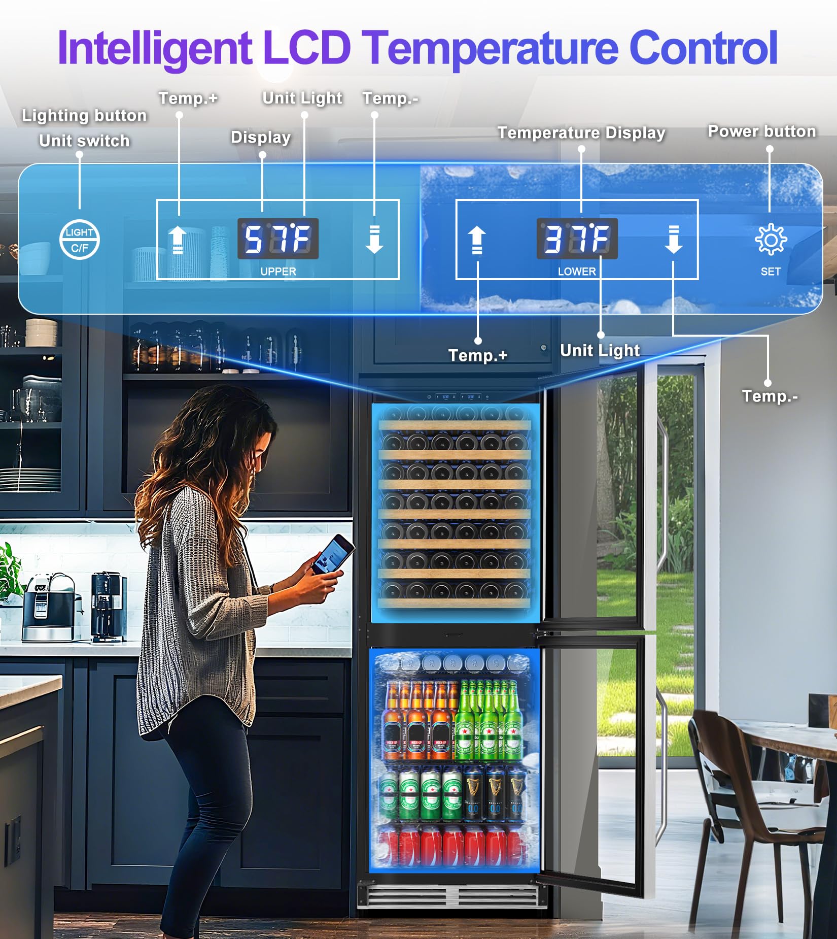 2 In 1 Wine And Beverage Refrigerator 24", Dual Zone Wine Cooler With Safety Lock, Built-In/Freestanding Beverage Cooler For 77 Bottles 150 Cans, Quiet & Constant Fast Cooling For Home Kitchen Bar on Fridge.com - View 3
