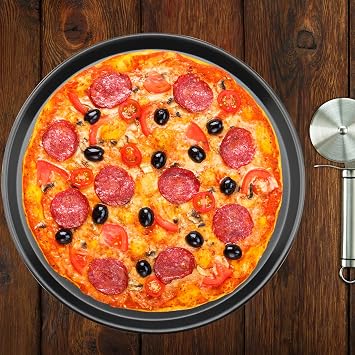 4 Pack 12 Inch Non Stick Pizza Trays, Pizza Dough Trays for Oven, Black Round Pizza Baking Pan for Baking