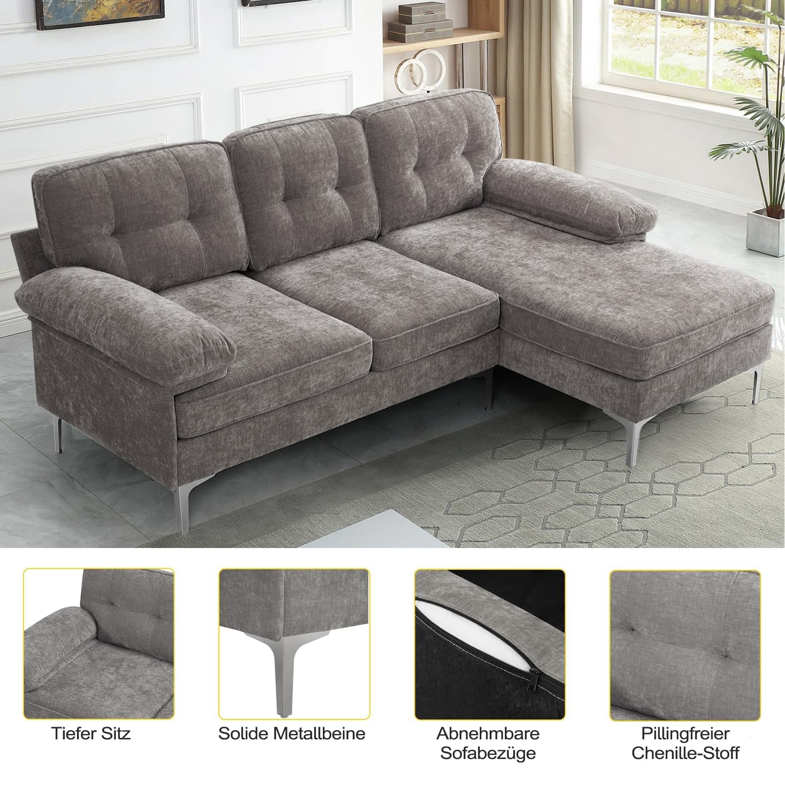 DUANDUAN Ecksofa 3-Sitzer Sofas 210cm breit Polsterecke mit Federkern Kissen und Rückenlehnen abnehmbar und waschbar - Chaiselongue beidseitig montierbar Couch L-Form fürs Wohnzimmer (Grau)