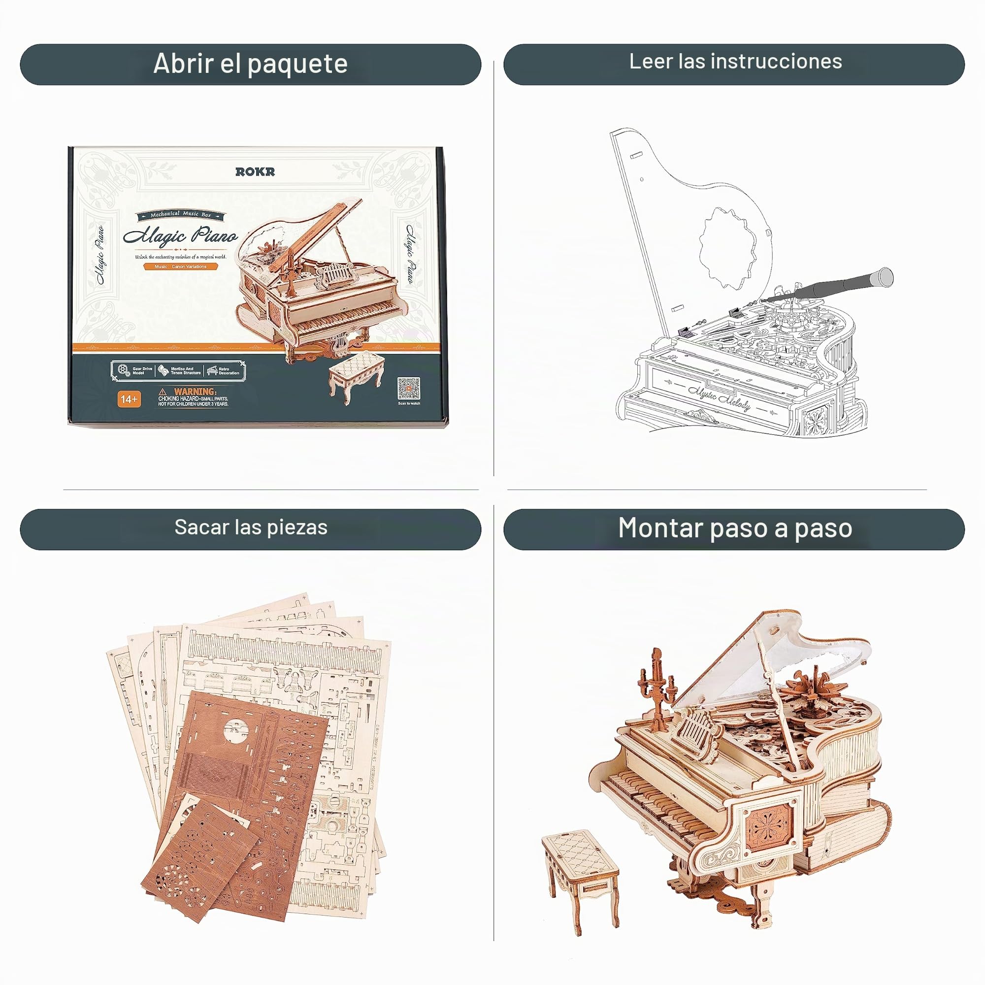 ROKR Puzzle 3D Madera Maquetas para Construir Adultos Rompecabezas Caja Musical Mágico de Piano Mecánico, Juegos de Construcción de Modelos Mecánicos, Manualidades para Adultos, Magic Piano