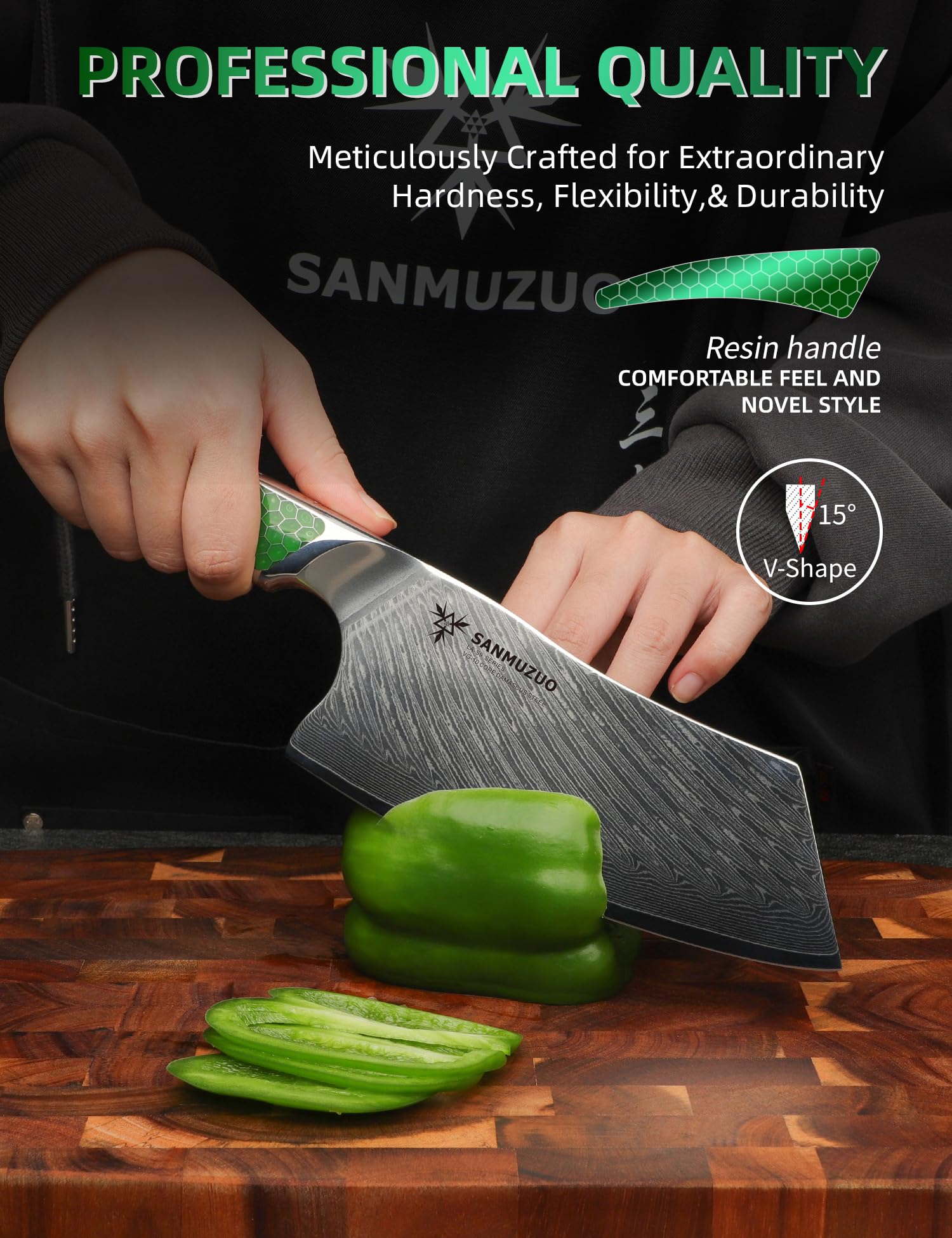 Coltello Nakiri da 18CM, coltello da carne giapponese in acciaio damasco VG-10, coltello da verdura ultra affilato con impugnatura a codolo intero in resina verde, serie LA-S9