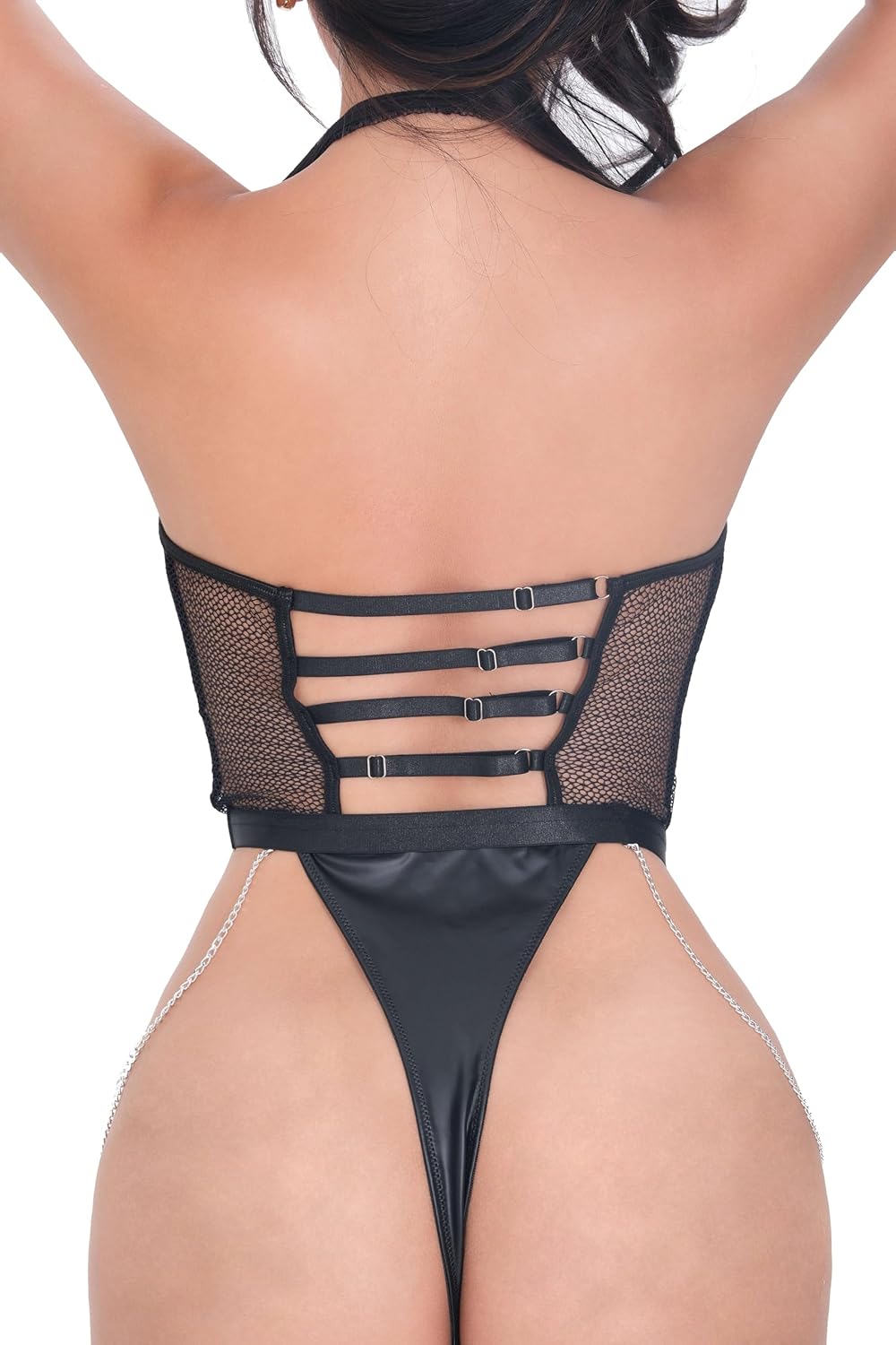 Women Sexy See Through Mesh Bodysuit with Chains Wireless Flattering V-neckline Pu Leather Halter Teddy Lingerie