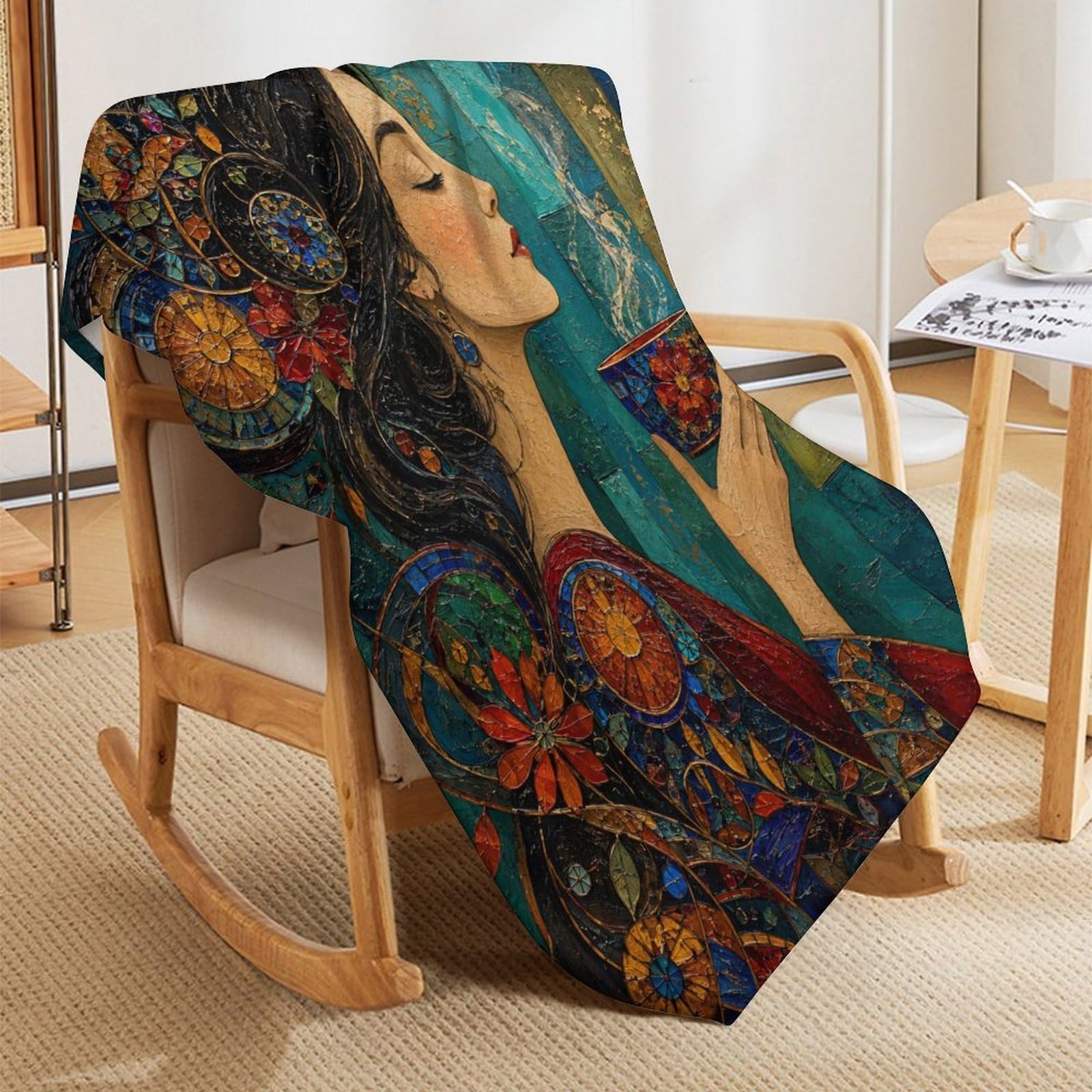 Donna con tazza da tè Coperta Arte del mosaico Coperta TV Calda | coperta divano morbida con Gioiello bizantino, per divano, letto, relax quotidiano, 175x200cm(70x80in)