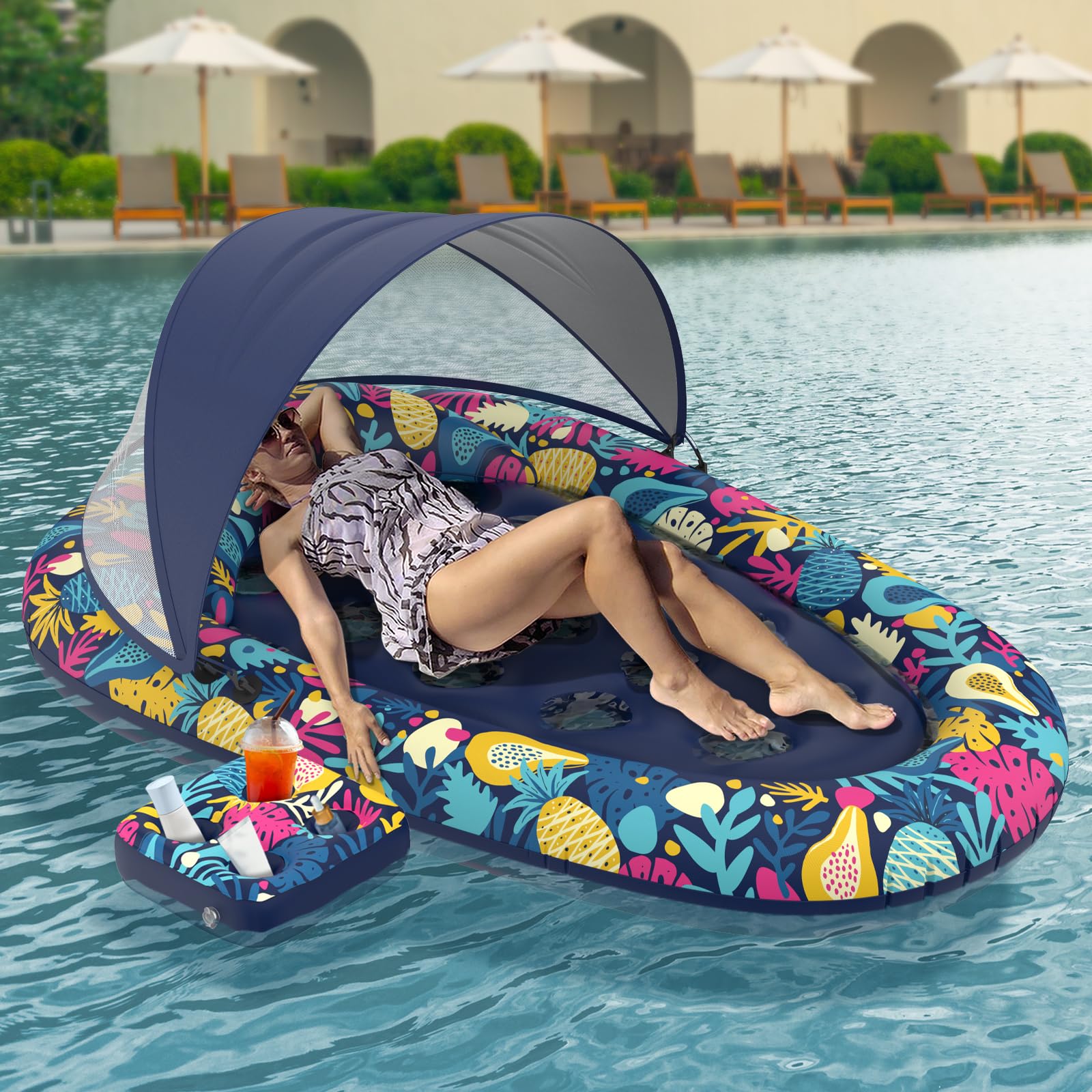 Sunikko X 3-in-1 Pool Floats with Canopy and Cup Holder, 73" x 48" Inflatable Pool Floats for Adults Lounger Raft Floating Chair for Swimming Pool Lake Water Lounge Float Beach Pool Party Toys