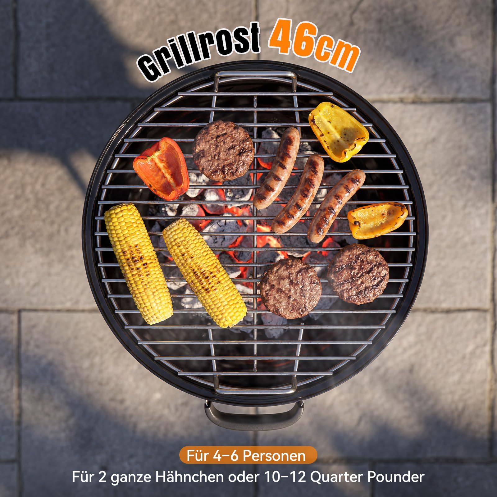 Aoxun Holzkohlegrill, 47 cm Kugelgrill mit Thermometer und regulierbarer Luftzufuhr, kratzfeste, emaillierte Grillschale, Ascheauffangbehälter, Rollen und Ablage, für Garten, und Outdoor, schwarz