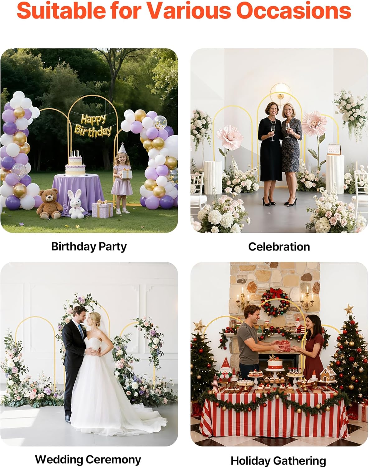 VEVOR Arch Backdrop Stand, Set of 3, 6/5/4 ft, Stable Structure, Easy Assembly, Gold Metal Arch Backdrop Stand for Wedding, Birthday Party, Graduation, Holiday Celebration, and Ceremony Decoration