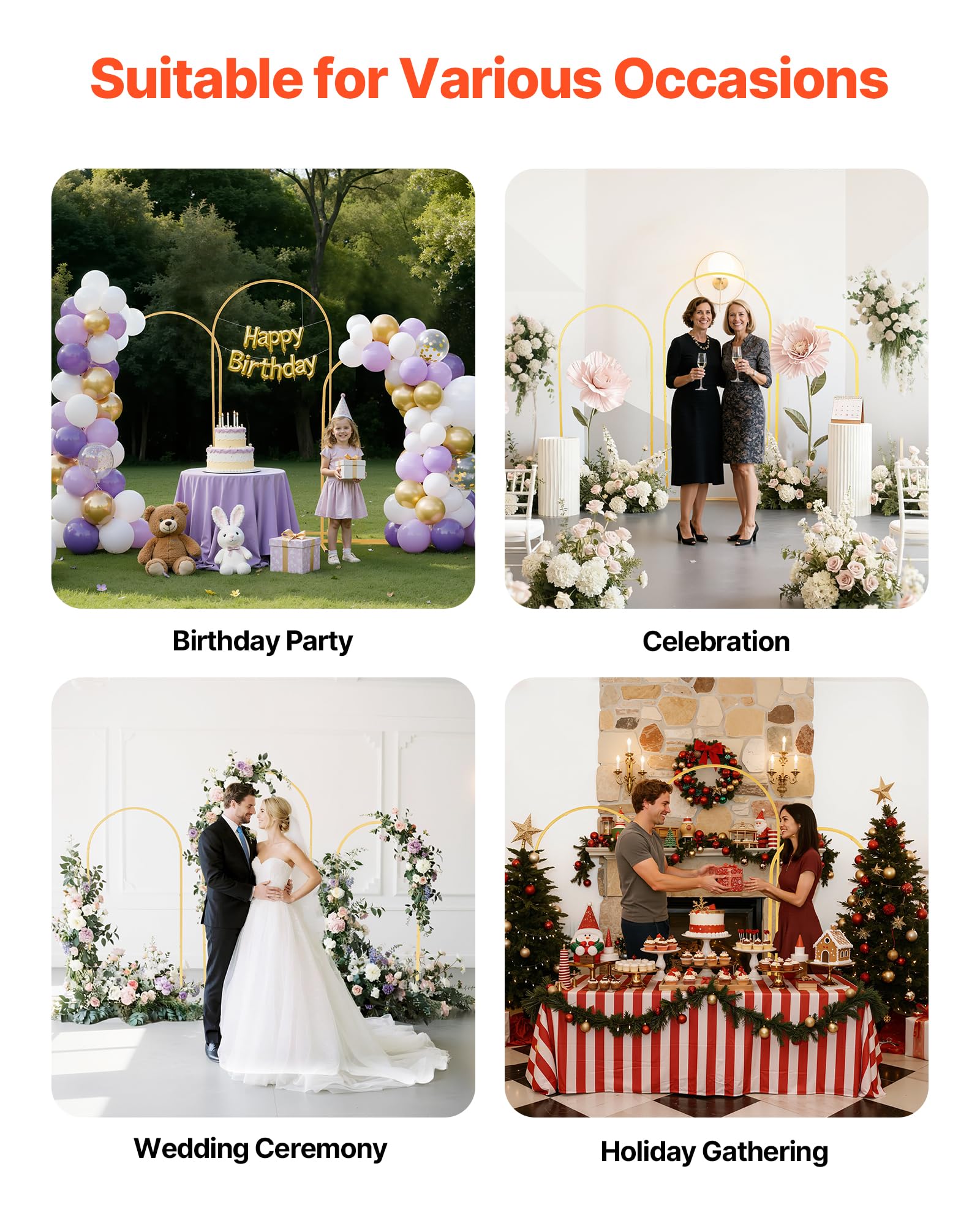 VEVOR Soporte de Arco para Fondo de 1,8/1,5/1,2 m, Estructura Estable, Soporte de Arco de Metal Dorado para Decoración de Bodas, Fiestas de Cumpleaños, Graduaciones, Celebraciones y Ceremonias