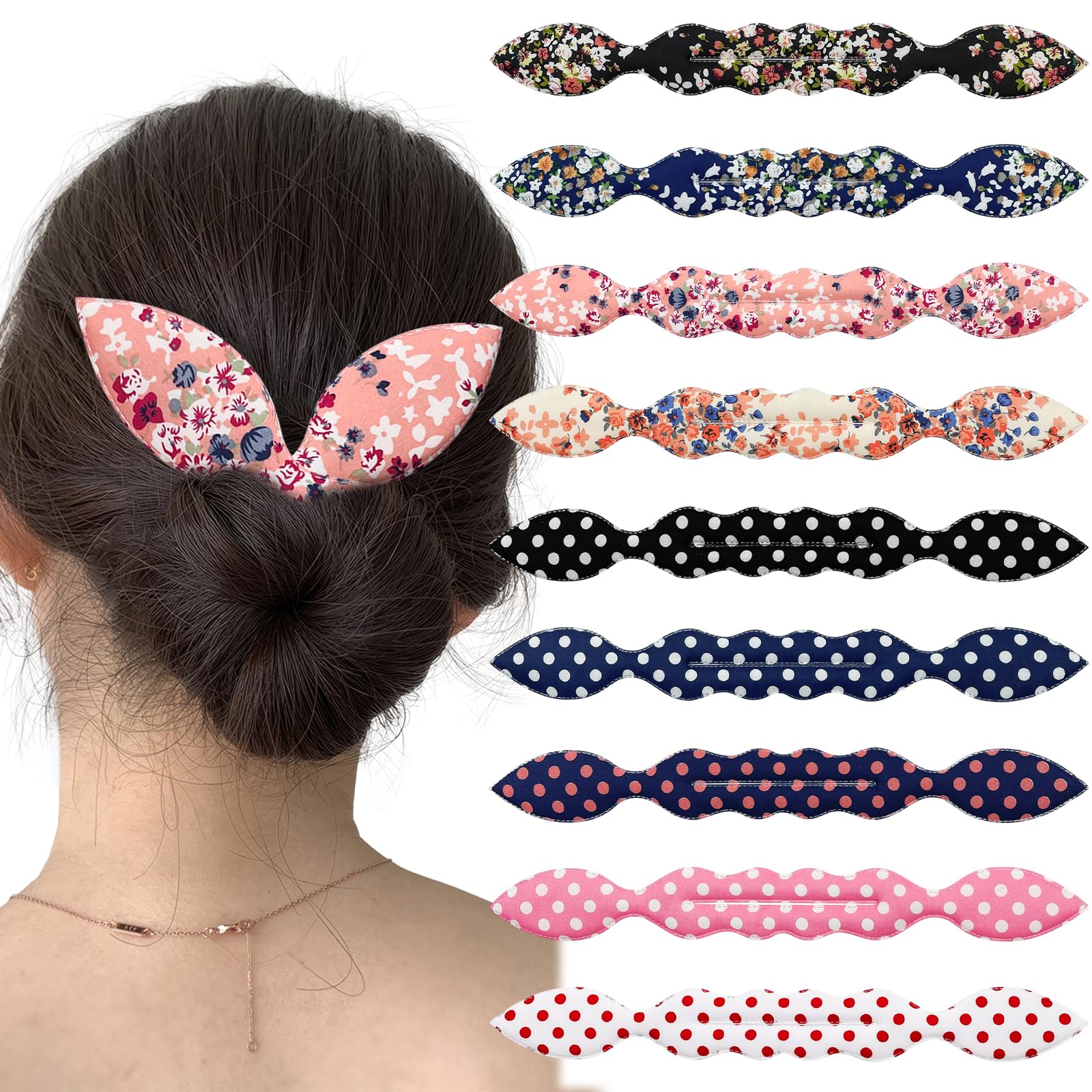 9Pcs Hair Bun Maker French Twist Rabbit Ear Bun Twister Flower Polka Dot Flexible Quick Deft Hair Bun Makers Donut Buns Updo Hair Styling Accessories for Women Girls