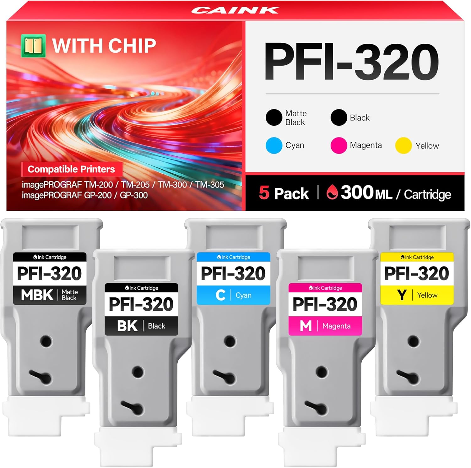 PFI-320 Pigment Ink Tank 300-ml Set 5-Pack High Capacity Replacement for Canon PFI-320 PFI320 Ink Compatible with Canon imagePROGRAF TM-200 TM-205 TM-300 TM-305 Printer Matte Black Cyan Magenta Yellow