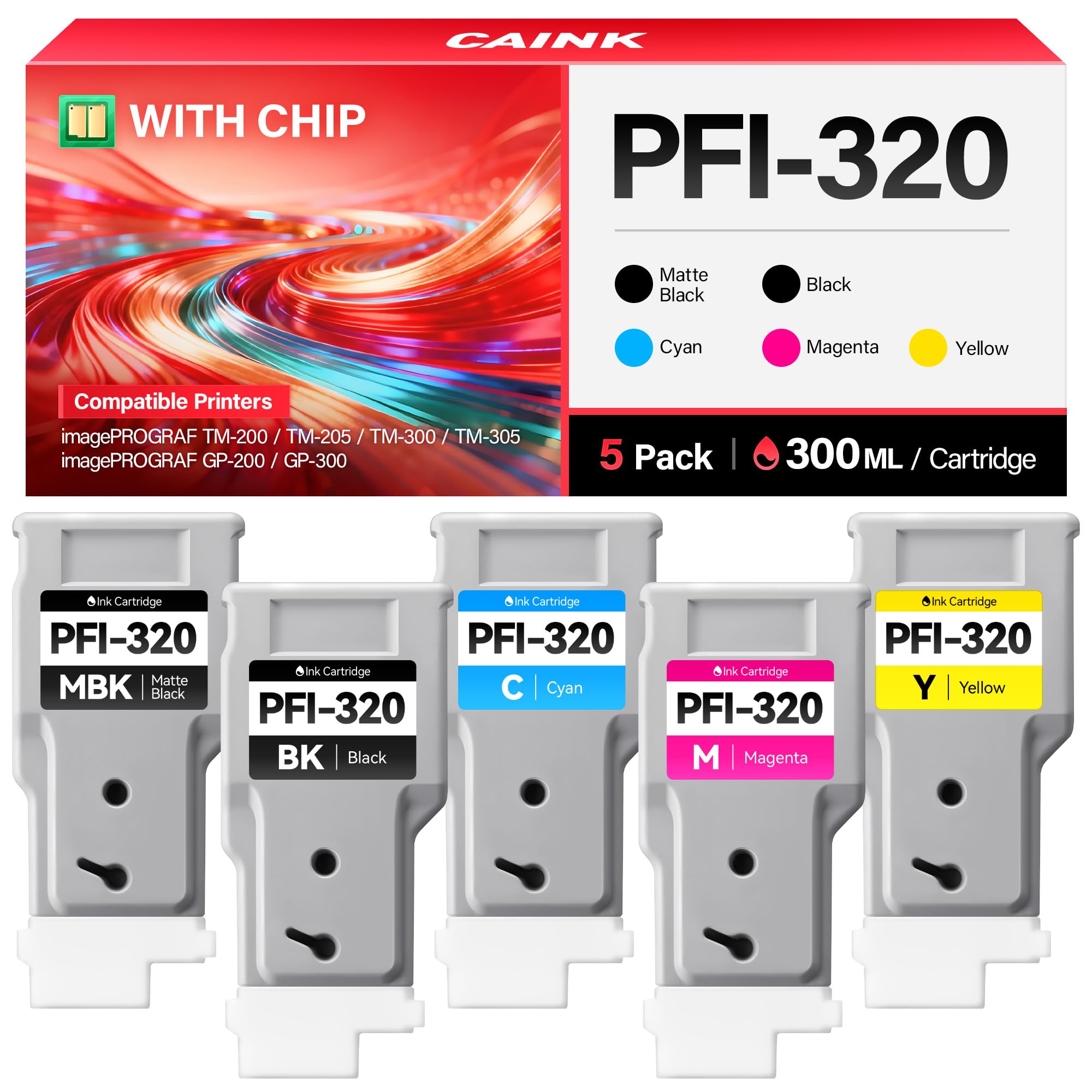 PFI-320 Pigment Ink Tank 300-ml Set 5-Pack High Capacity Replacement for Canon PFI-320 PFI320 Ink Compatible with Canon imagePROGRAF TM-200 TM-205 TM-300 TM-305 Printer Matte Black Cyan Magenta Yellow