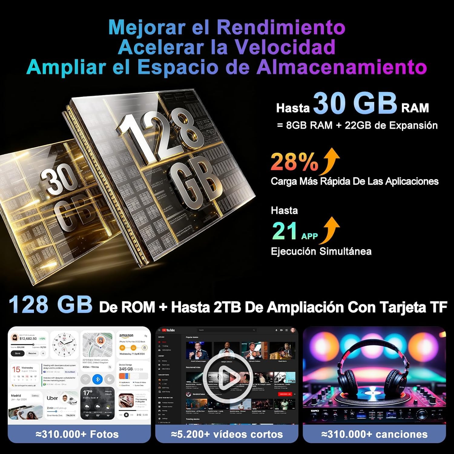 Tablet Android 15 Gemini AI, 128GB ROM+2TB TF, 30 RAM, 10 Pulgadas Tableta táctil con Teclado y ratón, 1280 * 800 IPS HD, Widevine L1, 2.4G/5G WiFi, Octa-Core, 5MP+8MP, BT 5.0, 8000mAh, Metálica Negro — view 5
