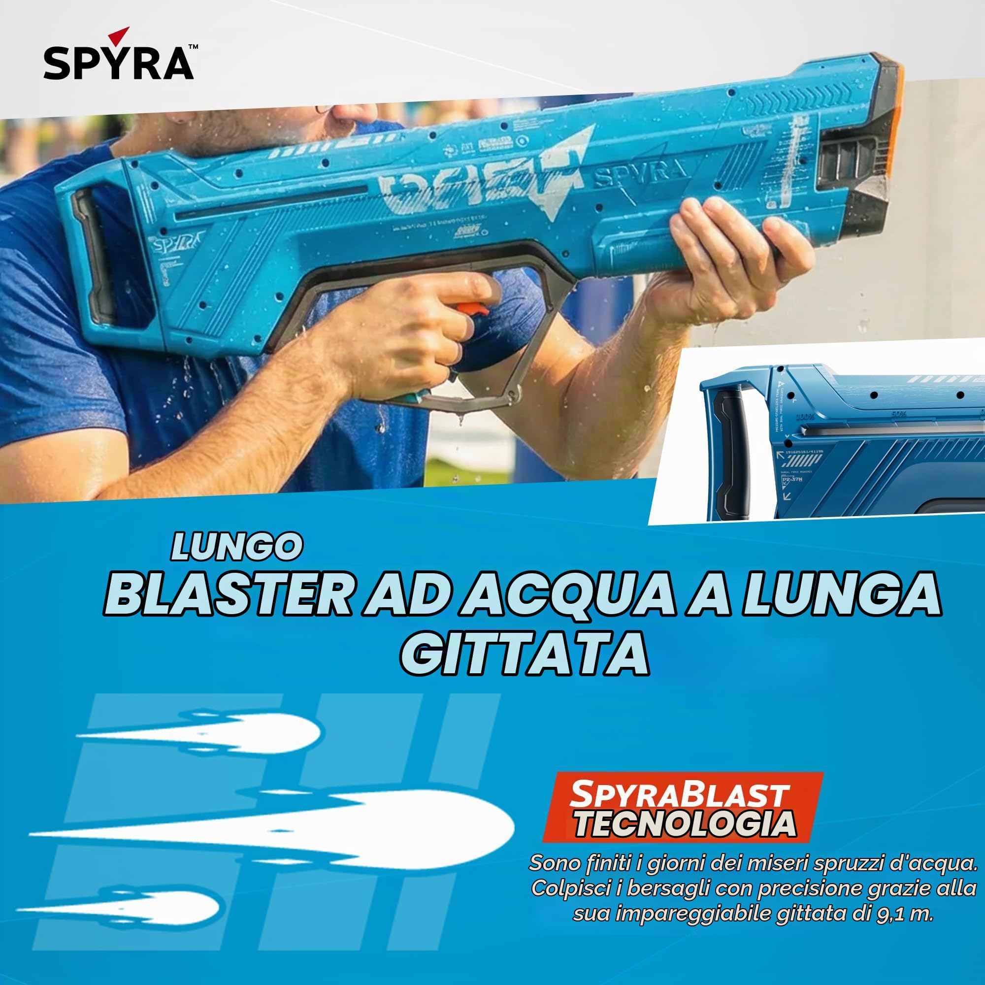 SPYRA SpyraDash - Pistola ad acqua per bambini, serbatoio da 700 ml, portata fino a 9 m, 16 colpi per serbatoio, dai 8 anni in su