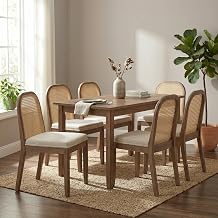 Mid Century Modern Rattan Dining Chairs Set of 6, Upholstered Dining Chairs with Woven Cane Back, Solid Wood Kitchen & Dining Room Side Chairs, Farmhouse Accent Chairs, Walnut Finish, Beige