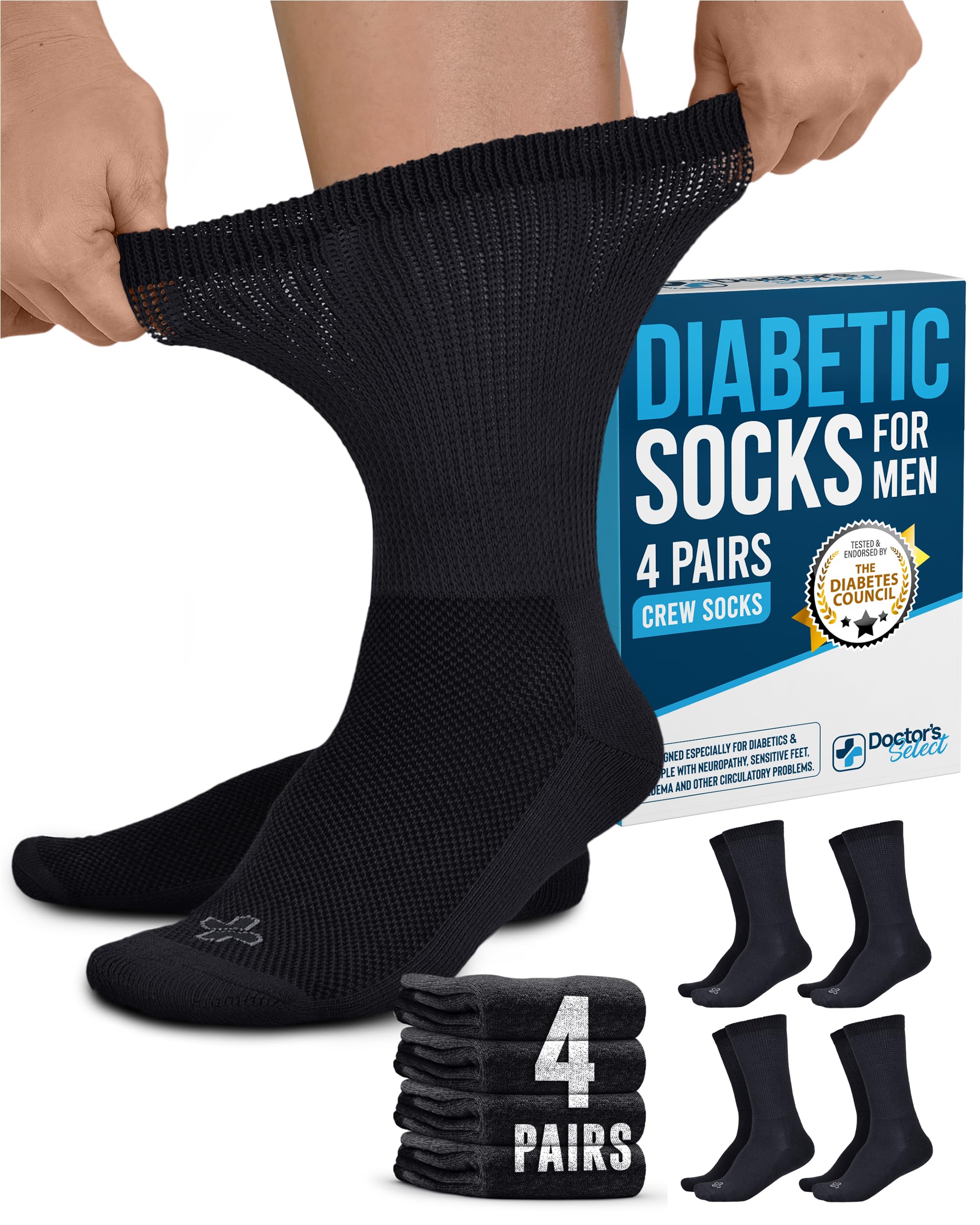 Doctor's Select Diabetic Socks for Men - 4 Pairs Crew Diabetic Neuropathy Socks for Men | Diabetic Socks for Men 9-12