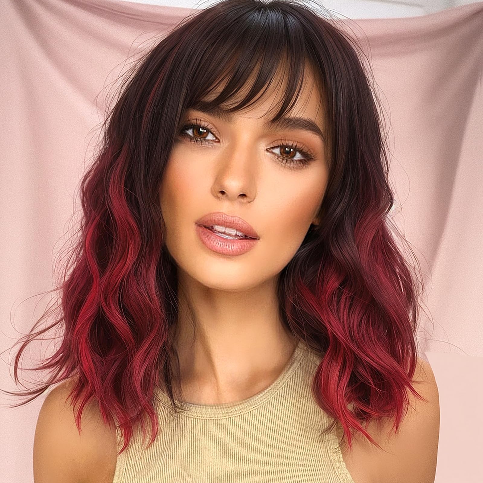 Nnzes Ombre Red Wig with Bangs for Women Bob Wavy Synthetic Wigs with Natural Shoulder Length Curly Heat Resistant Hair for Daily Party Use