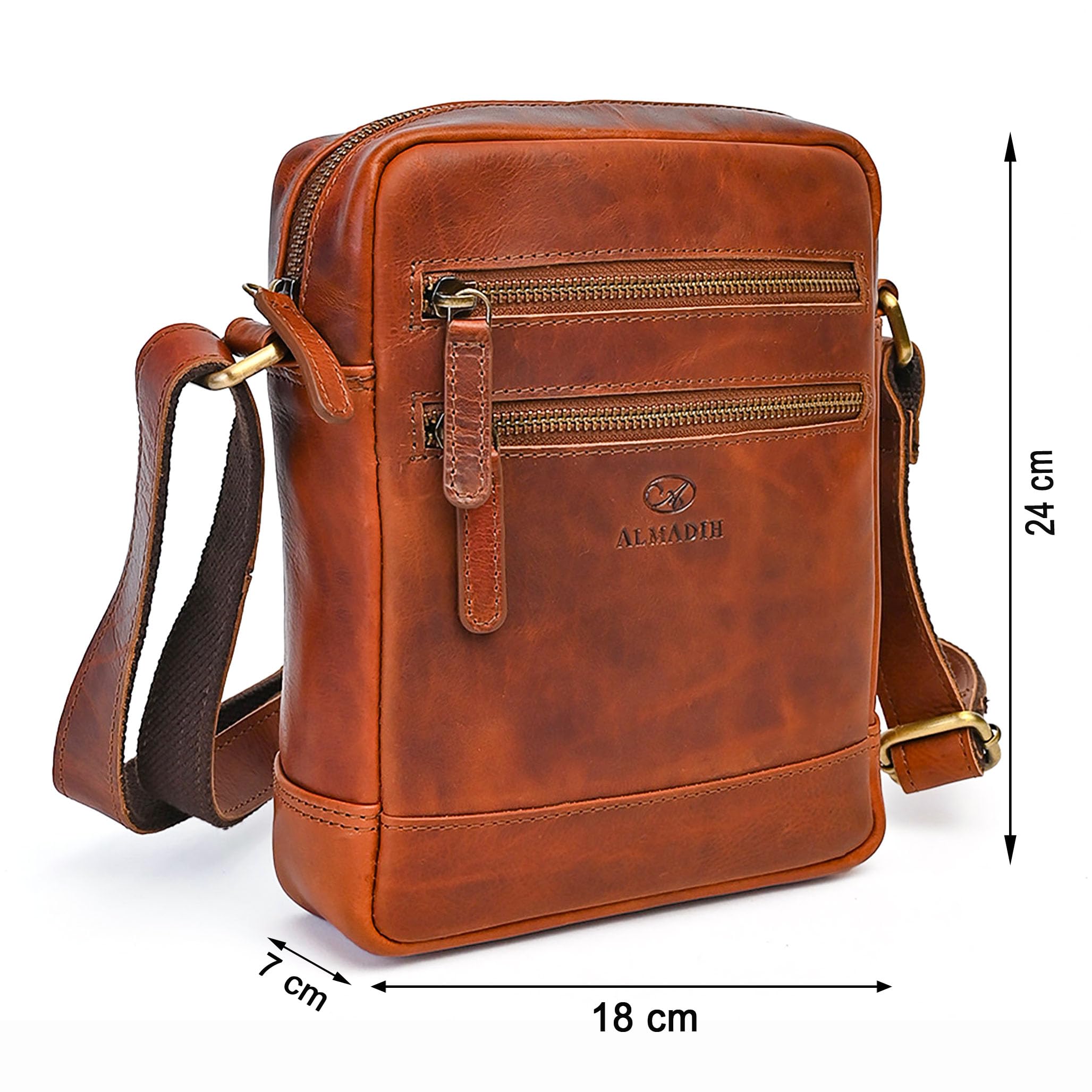 ALMADIH kleine Leder Umhängetasche Herren 9.7 Zoll iPad – LEON braun - Kompakte Ledertasche für Reisen & Alltag Messenger Schultertasche Freizeittasche Tablet Herrentasche Damen