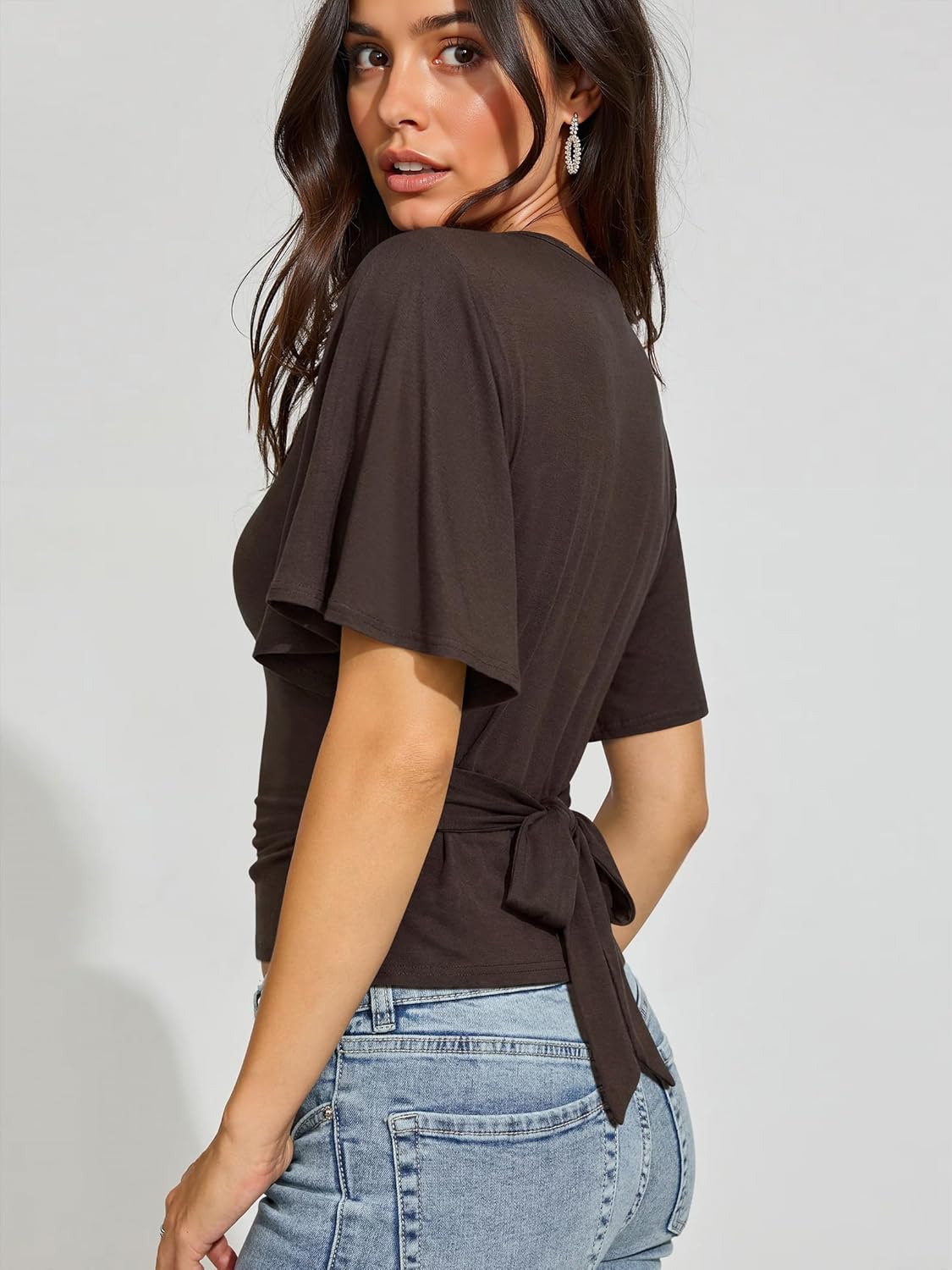 Nlife Women's Flutter Sleeve Tops Tie Back Waist Blouse Boat Neck Flattering Elegant Slim Fit Summer Casual Shirt - Image 3