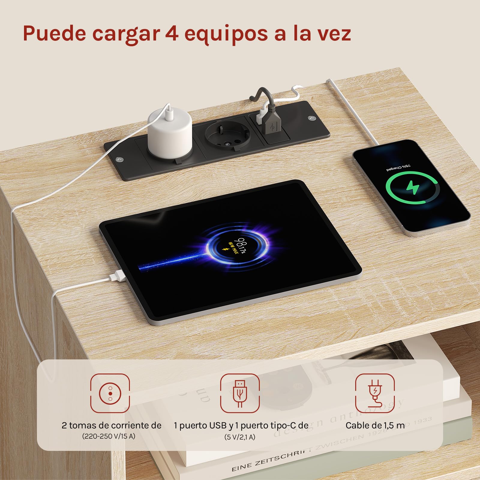 WOLTU Mesita de Noche con Luz LED, Mesa Auxiliar con Regleta