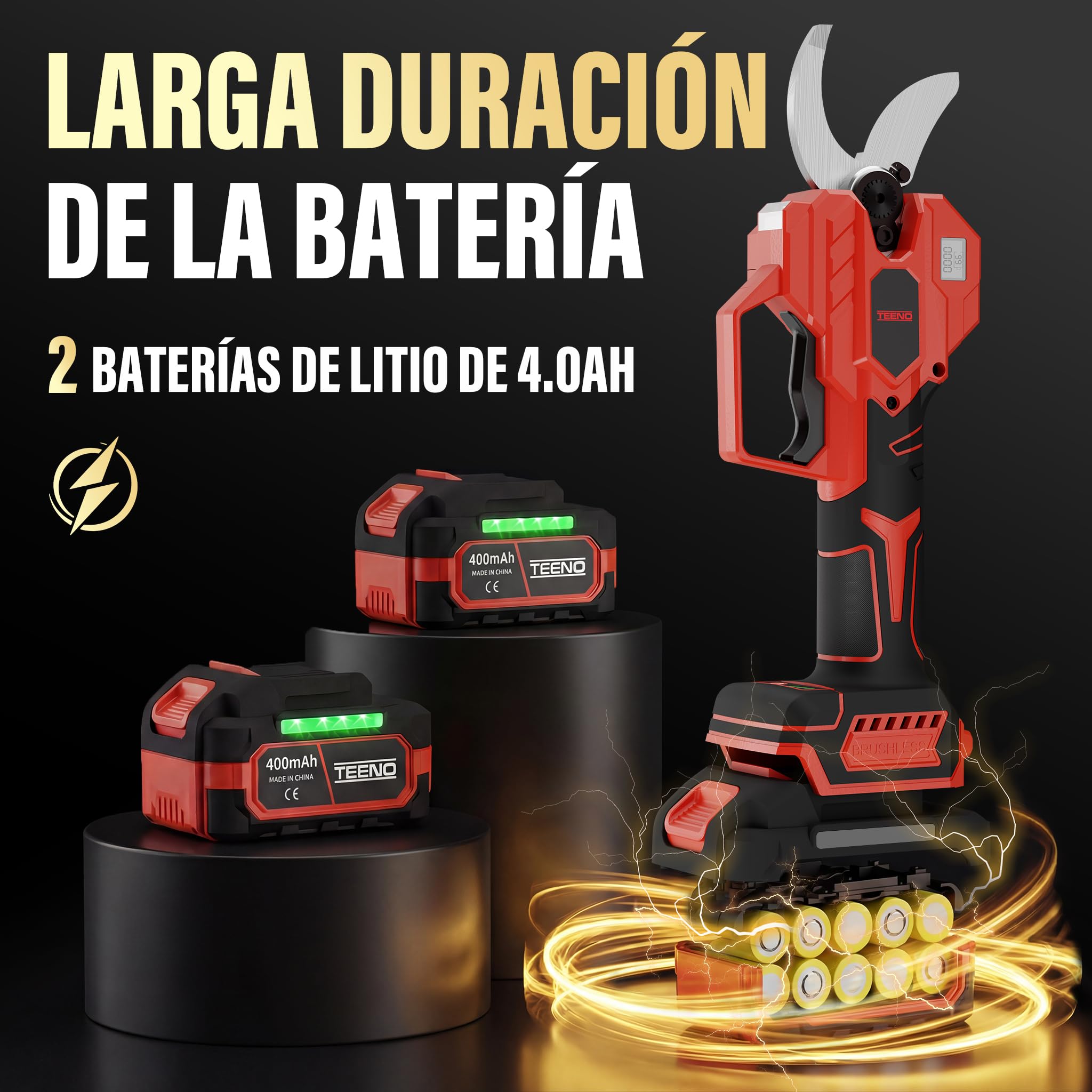 TEENO Tijeras de Podar Eléctricas, con Baterías 8000 mAh, Tijeras de Poda de 50mm Tijeras de Motor Brushless para Jardinería, Cable de extensión 1,05 m,Árboles Frutales, Viñedos