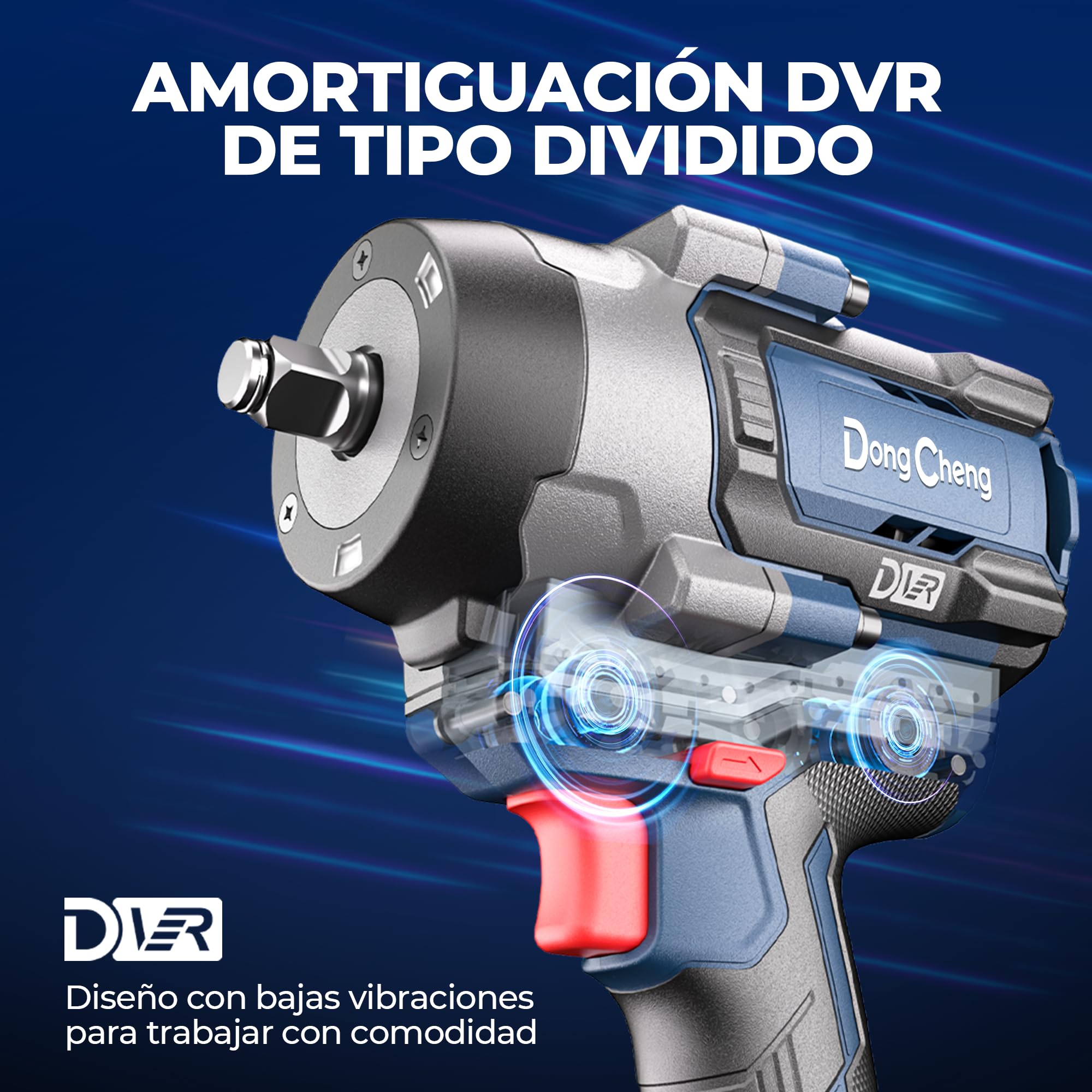Dong Cheng Llave de impacto a batería sin escobillas 1/2", 1700 Nm, 3 vel (0-1900rpm), 2 bat 5Ah + cargador rápido + 3 dados + maletín. Para coches, camiones y maquinaria pesada