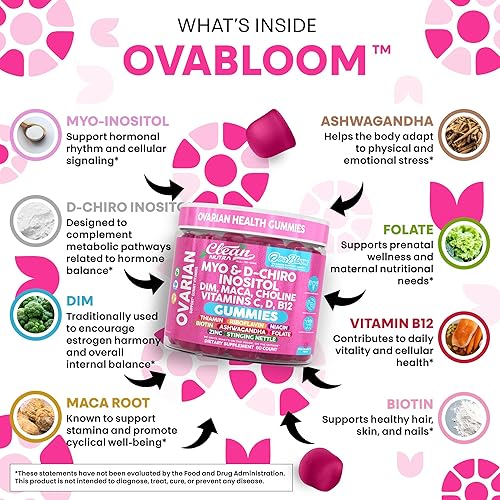 Miniatura 3 de Clean Nutra OvaBloom - Gomitas con Myo Inositol, D-Chiro Inositol, DIM, raíz de maca, colina, vitamina A, D3, B12, suplemento diario todo en uno, 60