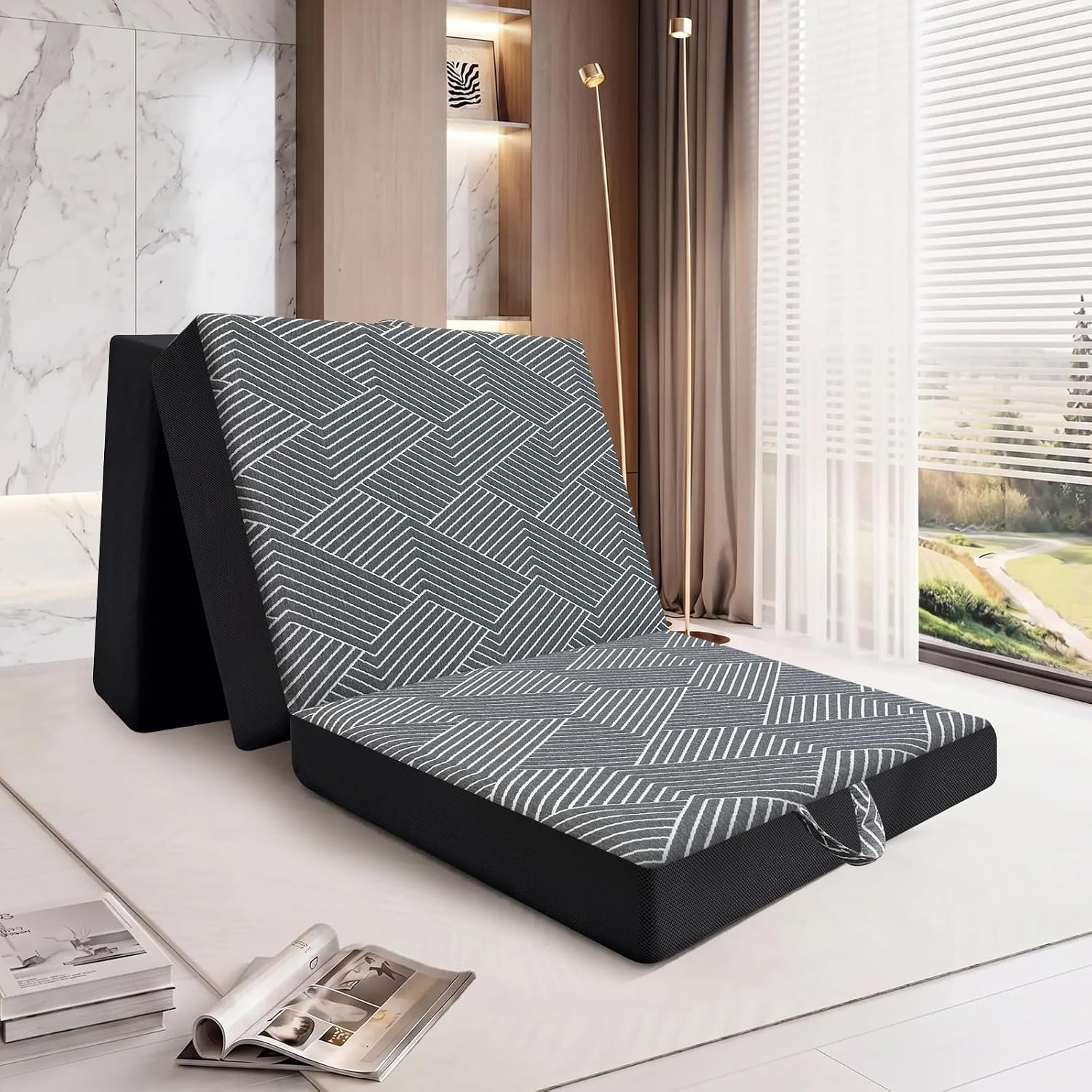 Memory Foam Tri Folding Mattress Twin Size - Tri-fold Mattress, Handle & Non-Slip Bottom, Portable Foldable Sofa Bed Floor Chair for Travel RV Camping Guest Yoga - 4 Inch, 75" 38"x4"