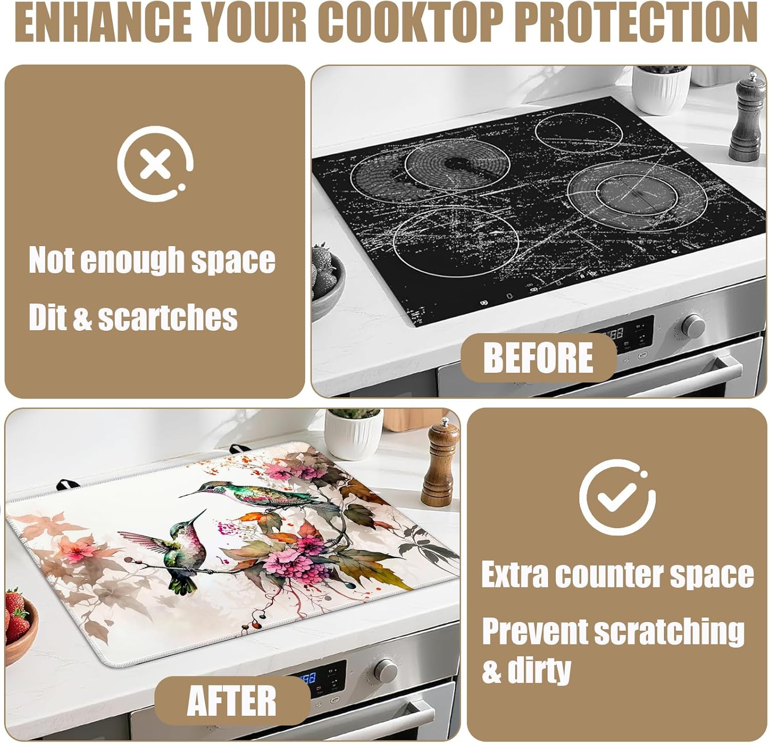 HummingBird Floral Stove Top Covers for Electric Stove, Flower Electric Gas Stove Pad Heat Resistant Range Cooktop Protector for Home Decor Kitchen 28"x20"