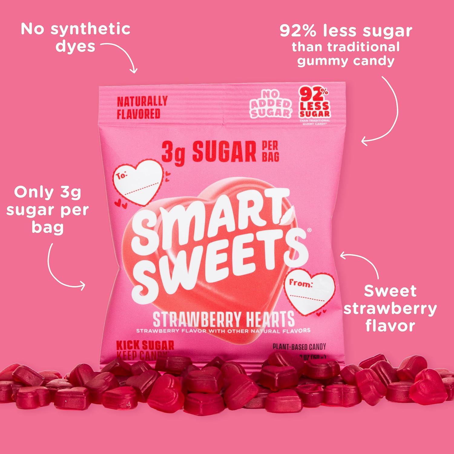 SmartSweets Strawberry Hearts, Gluten Free Gummies, Plant Based, Healthy Snacks for Adults & Kids, Fun Chewy Candy, Low Calorie, Low Sugar Snack, No Artificial Sweeteners, 50g Bags, 14 Pack