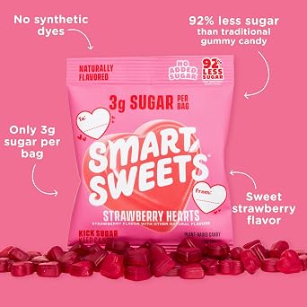 SmartSweets Strawberry Hearts, Gluten Free Gummies, Plant Based, Healthy Snacks for Adults & Kids, Fun Chewy Candy, Low Calorie, Low Sugar Snack, No Artificial Sweeteners, 50g Bags, 14 Pack