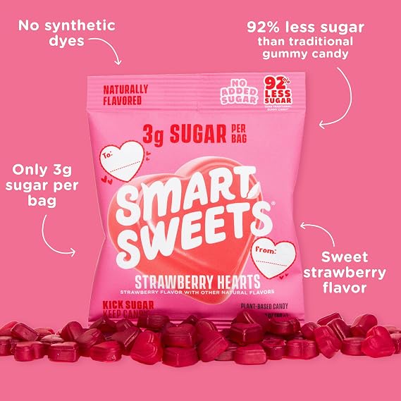 SmartSweets Strawberry Hearts, Gluten Free Gummies, Plant Based, Healthy Snacks for Adults & Kids, Fun Chewy Candy, Low Calorie, Low Sugar Snack, No Artificial Sweeteners, 50g Bags, 14 Pack