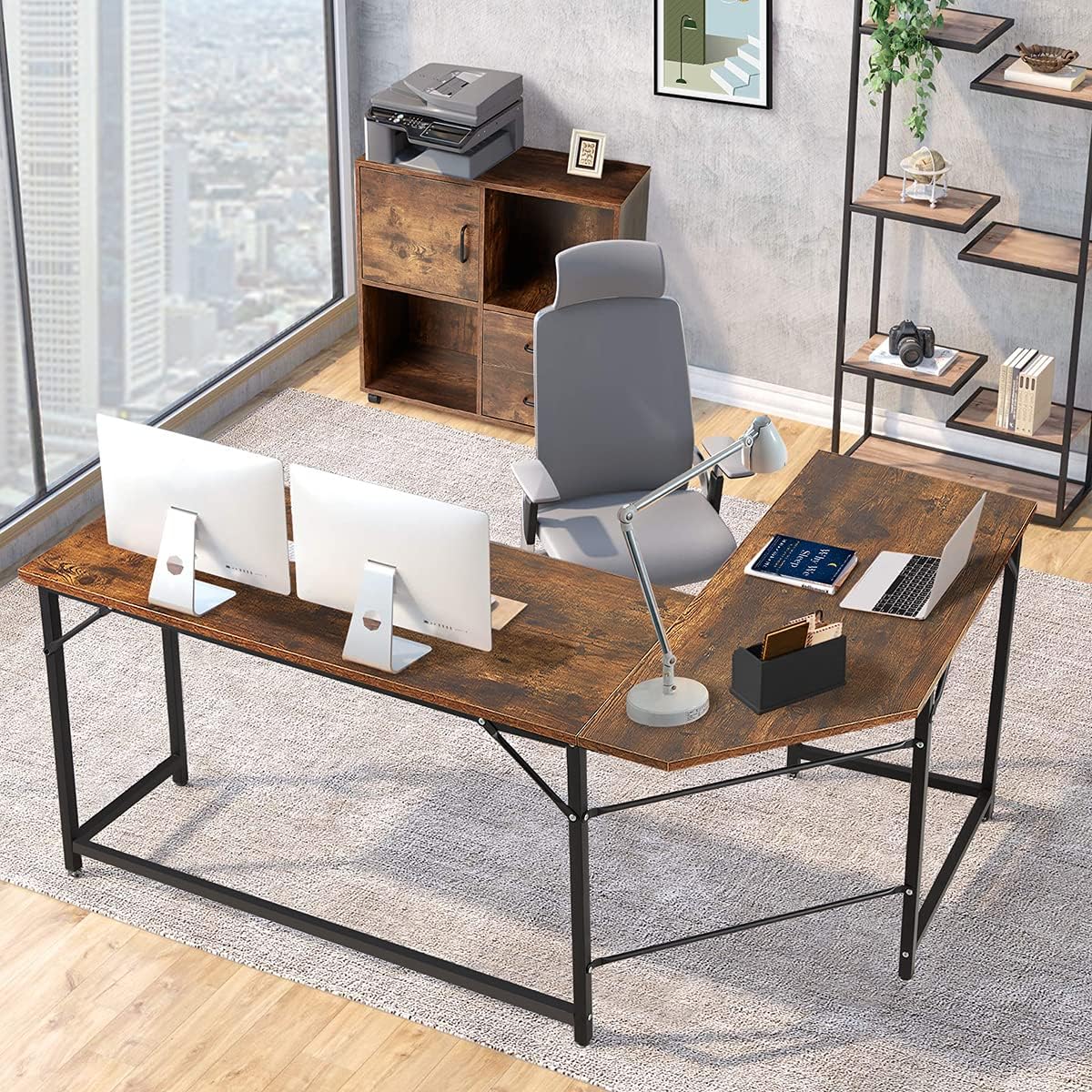 MELLCOM Industrial Computer Writing Desk, Large Writing Desk for Home Office, Computer Desk with 2 Adjustable Storage Shelves on Left or Right Side and 2 Headset Hooks
