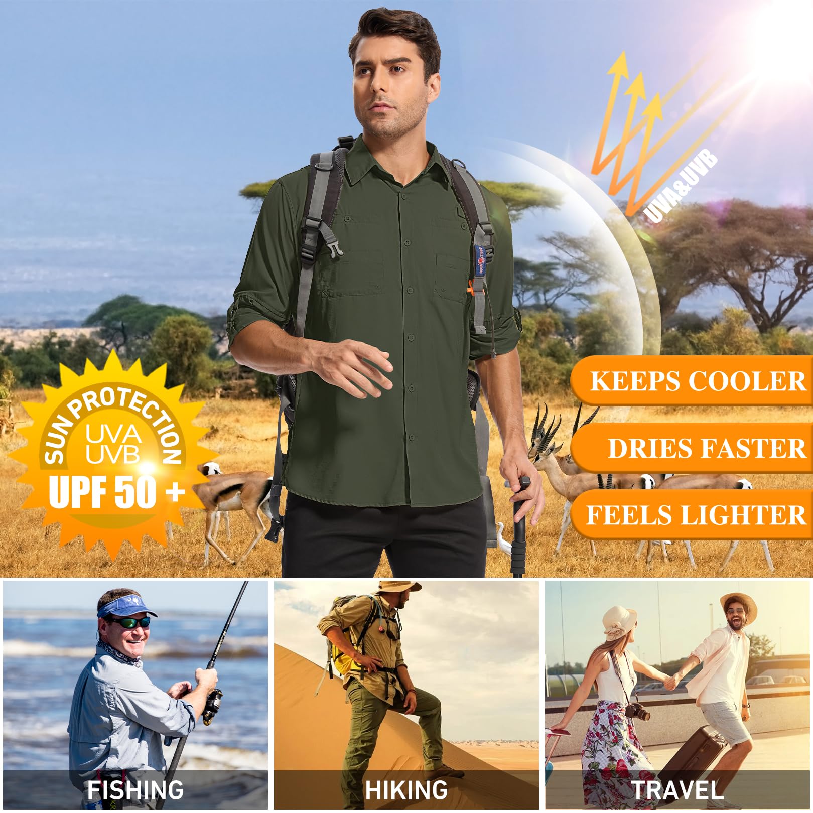 Camisa de safari para hombre, manga larga, protección solar UPF 50+, camisas de pesca, puños convertibles, camisas de senderismo para hombre