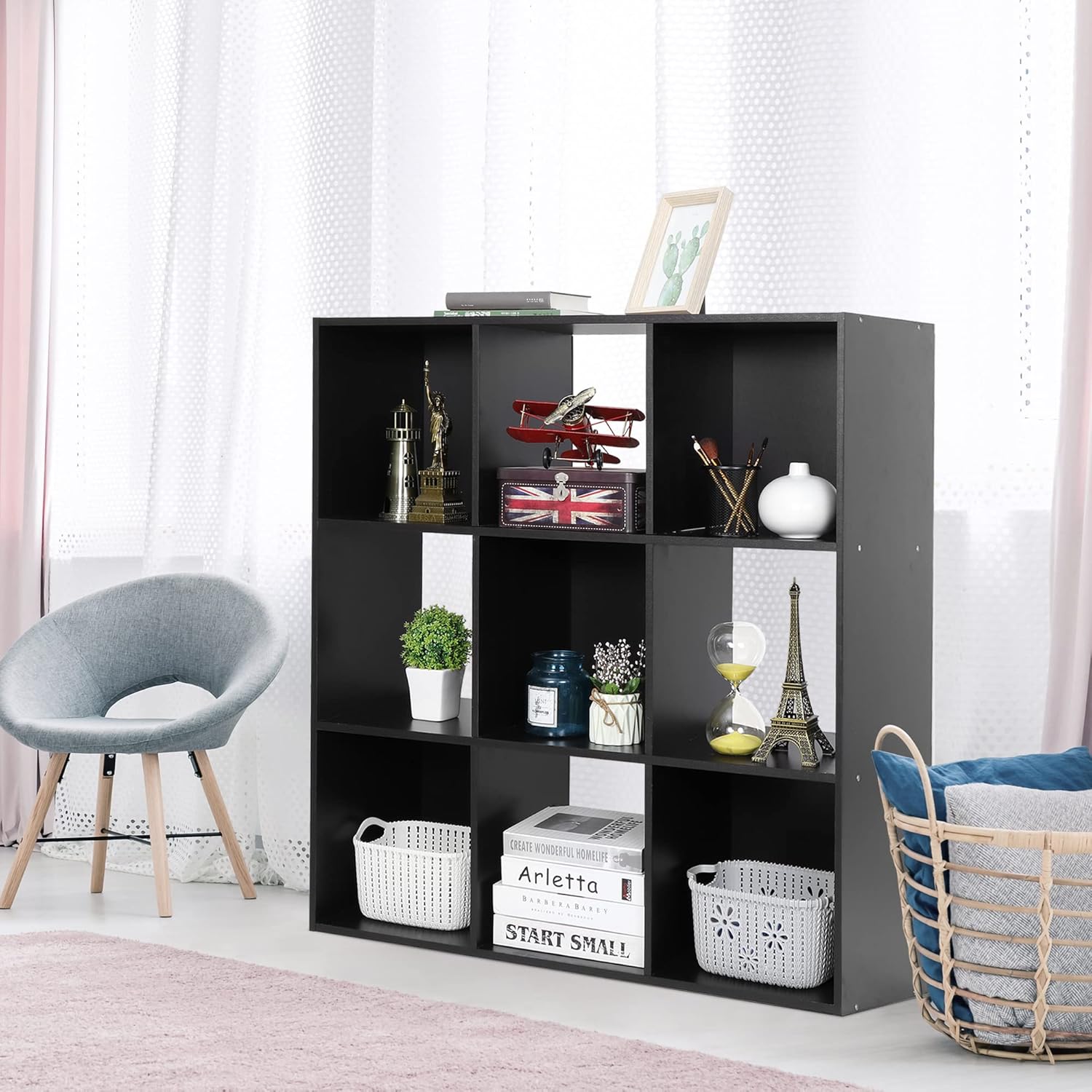 JupiterForce 9 Cube Storage Organizer Wooden Display Shelf W/ 5 Removable Back Panels, Customizable Bookcase Bookshelf for Home, Office, Bedroom and Living Room (Black)