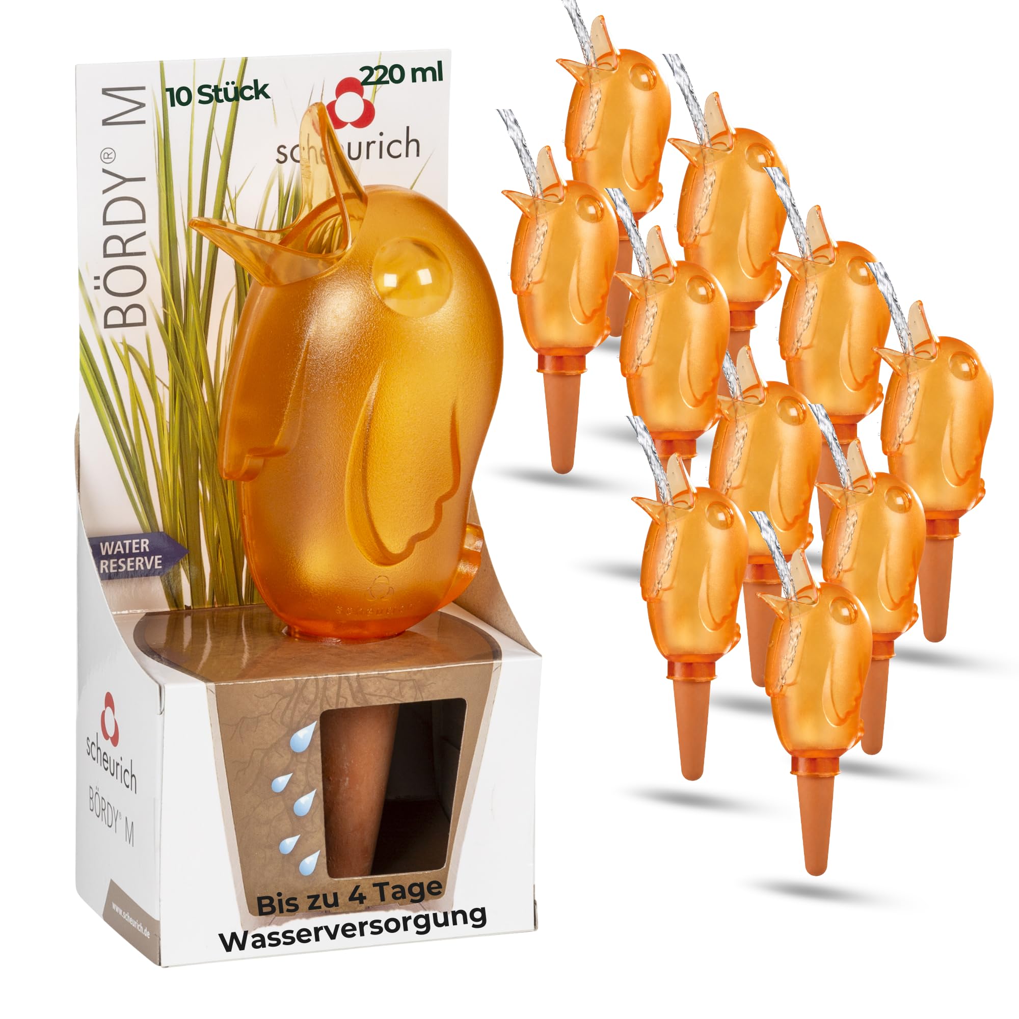 Scheurich Dozownik wody Bördy M | 10 x pomarańczowy | pojemność 220 ml | mała kulka nawadniająca z glinką | dozownik wody do roślin pokojowych i kwiatów, trzonek z terakoty