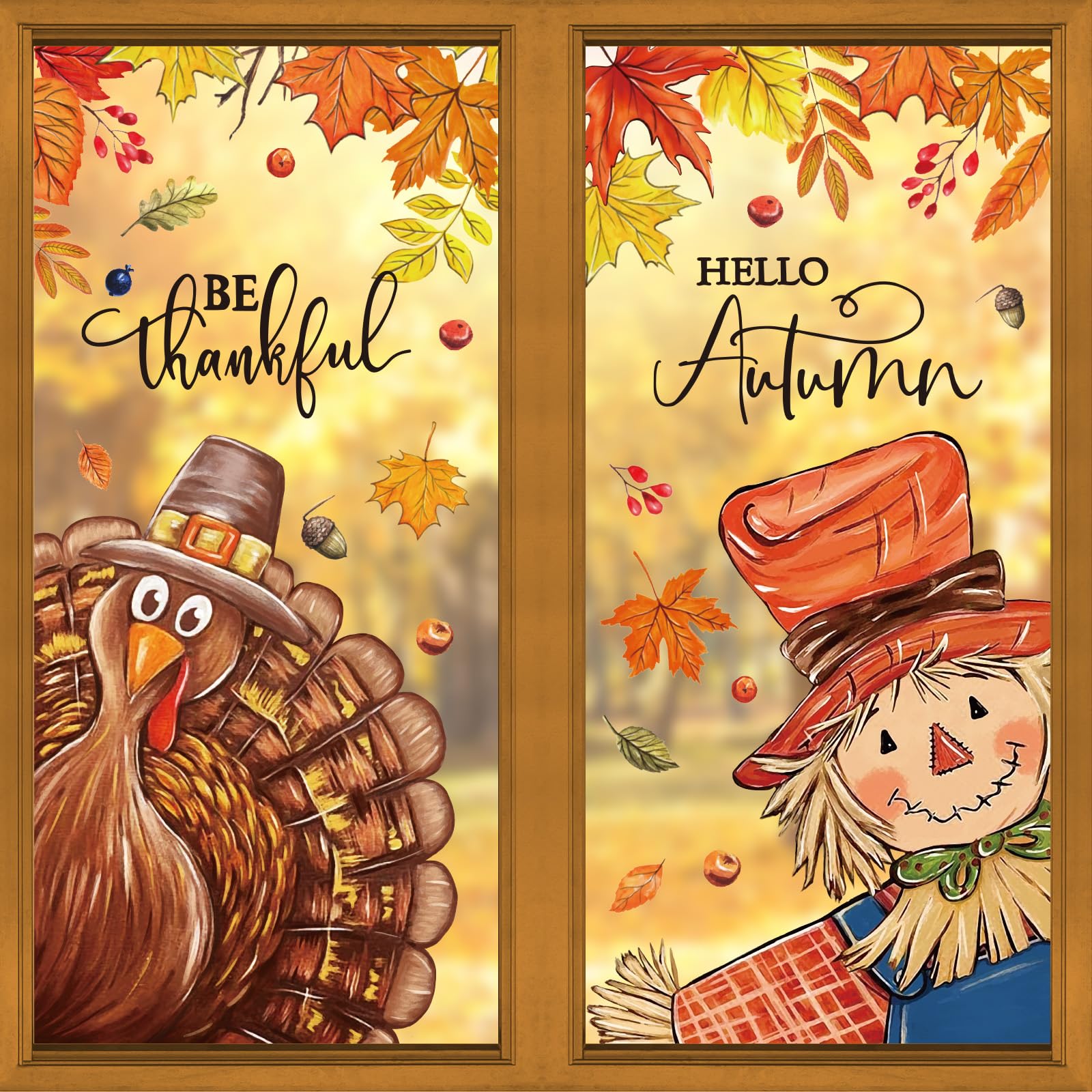 JarThenaAMCS Thanksgiving Fall Window Cling Stickers Hello Autumn Maple Leaves Turkey Scarecrow Double-Sided Reusable Window Decals for Harvest Party Home Decor, 4 Sheets
