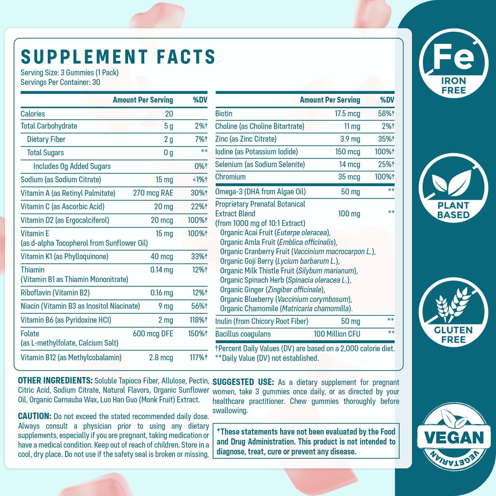 Quorinthiumax Prenatal Gummies Sugar Free 90 Count - Organics Prenatal Vitamins for Women with Folate, DHA & Probiotics - Iron Free Prenatal Vitamin Gummies for Immune & Digestive - 1 Bottle — Amazon image 2
