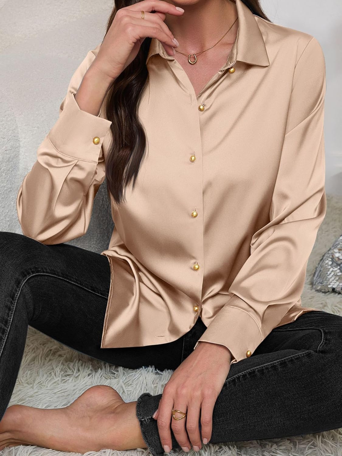 Satin Tops Silk Blouses for Women Satin Button Down Shirts Casual Plain Work Shirt for Women Trendy Comfort During Spring Outings Wrinkle-Free Daily Blouses Brown XS - Image 2