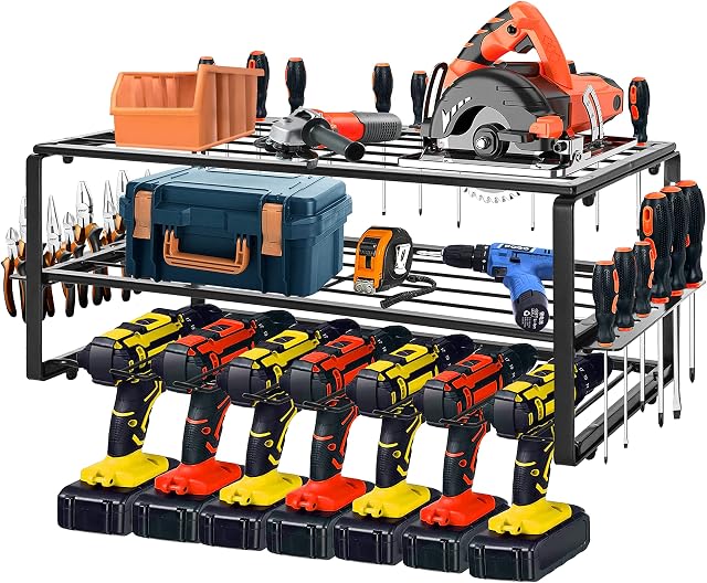 BQKOZFIN Power Tool Organizer Storage Rack, Wall Mount Drill Holder Charging Station for 7 Power Drill Tools, Cordless Battery Tool Shelving with Side Screwdriver Storage for Garage, Workshop (Large)