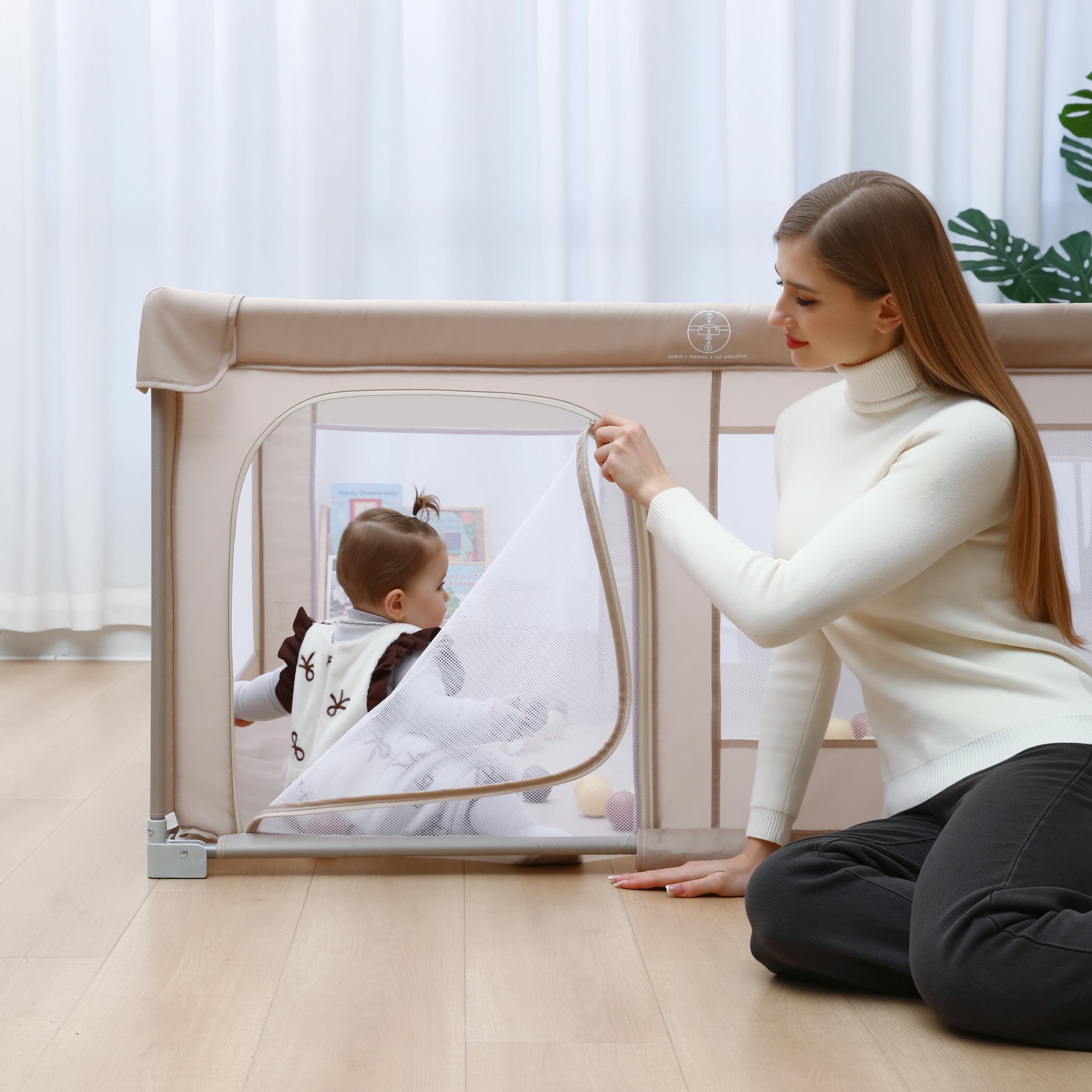 Bodenlaufstall Baby – Faltbarer Laufstall mit taupefarbener Spielmatte & 50 Bällen – Krabbelgitter – Baby Laufgitter – Playpen für Babys – 150 x 150 x 76,5 cm – Beige