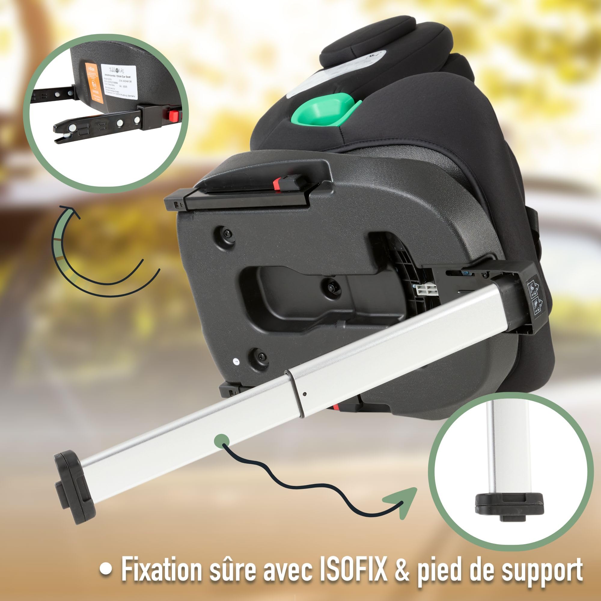 FableKids Siège enfant NORA noir | Siège auto i-Size pivotant à 360° 40-150 cm | Siège dos à la route avec ISOFIX et jambe de force | Appuie-tête et dossier réglables en hauteur | Certifié ECE R129/04 - 5