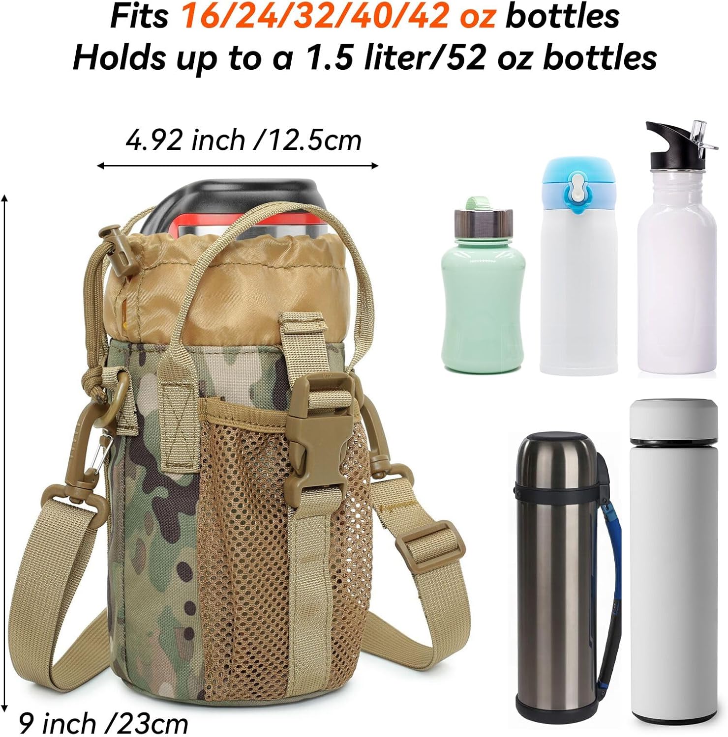 Drawstring Large Molle Water Bottles Pouch for 1.5 liter/ 52 oz bottles with Adjustable Shoulder Strap and Hand Strap, Molle Bottle Holder Sports Water Bottle Accessories for Hiking Camping