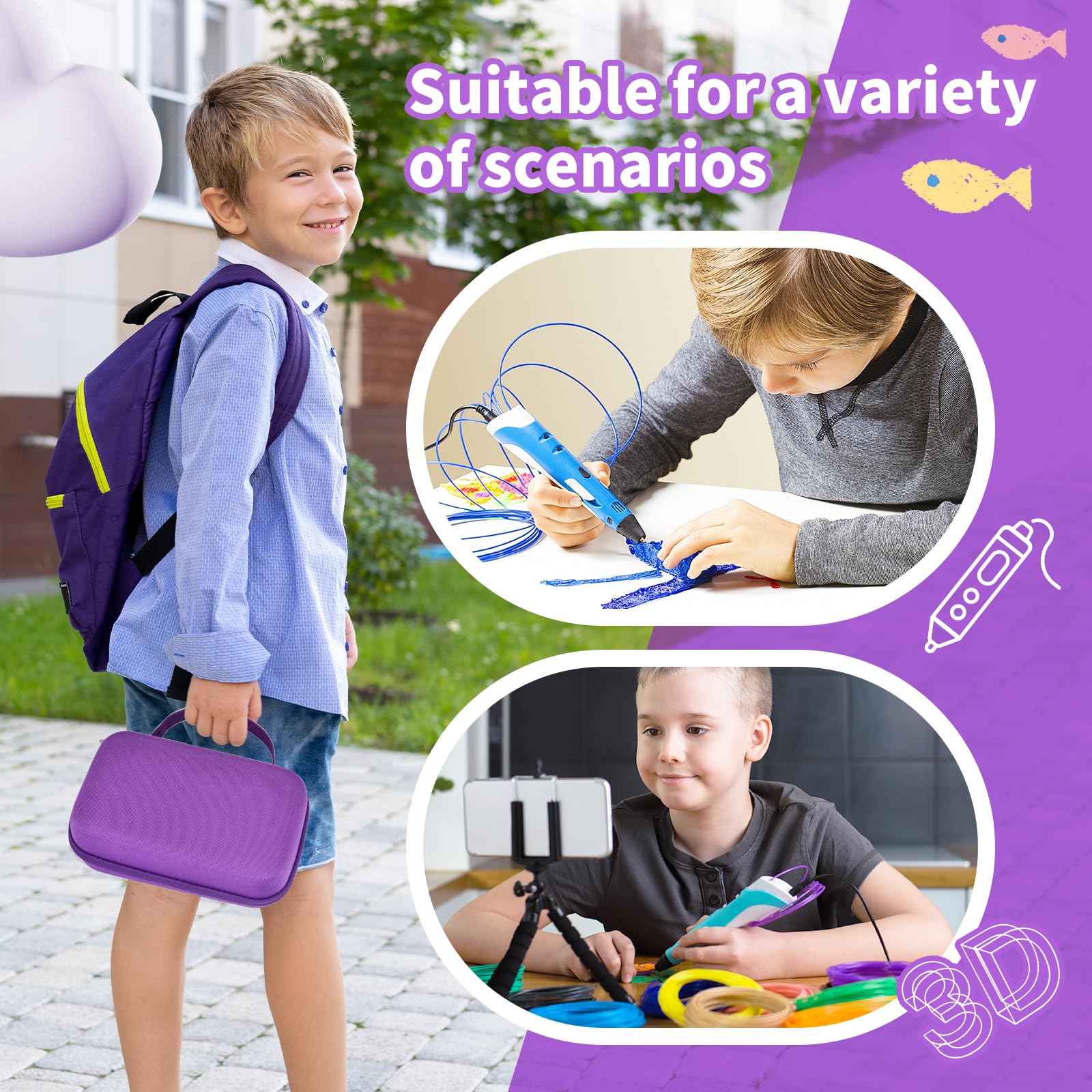Custodia compatibile con 3Doodler Start+ Essentials per set di penne 3D per bambini, supporto da trasporto adatto per penne da stampa, organizer per stampa di ricariche di filamenti, caricabatterie
