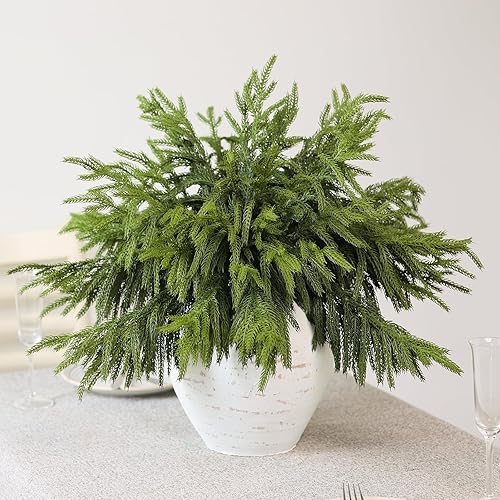 Miniatura 9 de 20 ramas de pino Norfolk de tacto real, plantas verdes artificiales de Navidad, ramas de vegetación sintética, tallo de pino falso para jarrón,