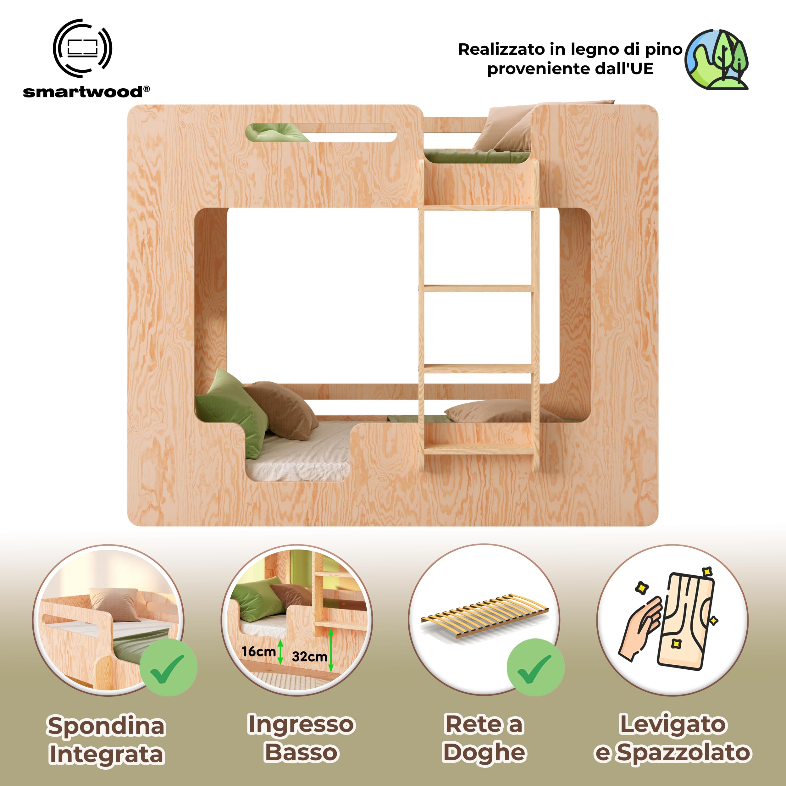 Letto a Castello 80x160 cm in Legno con Sponde di Sicurezza e Rete a Doghe - Supporta Fino a 230 kg - MIMI B