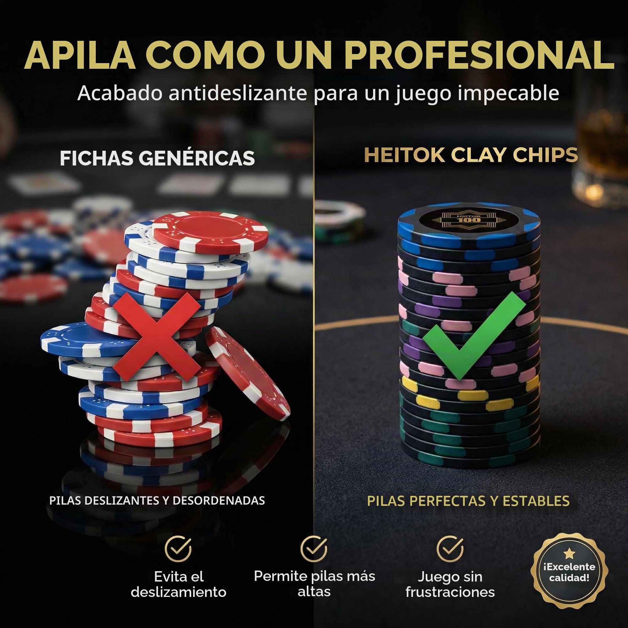 HEITOK Set de Fichas Poker Clay Composite 500 pzs 14g con maletín | 500 fichas, 14g, clay composite, valores numerados, 2-10 jugadores, Texas Holdem y Blackjack