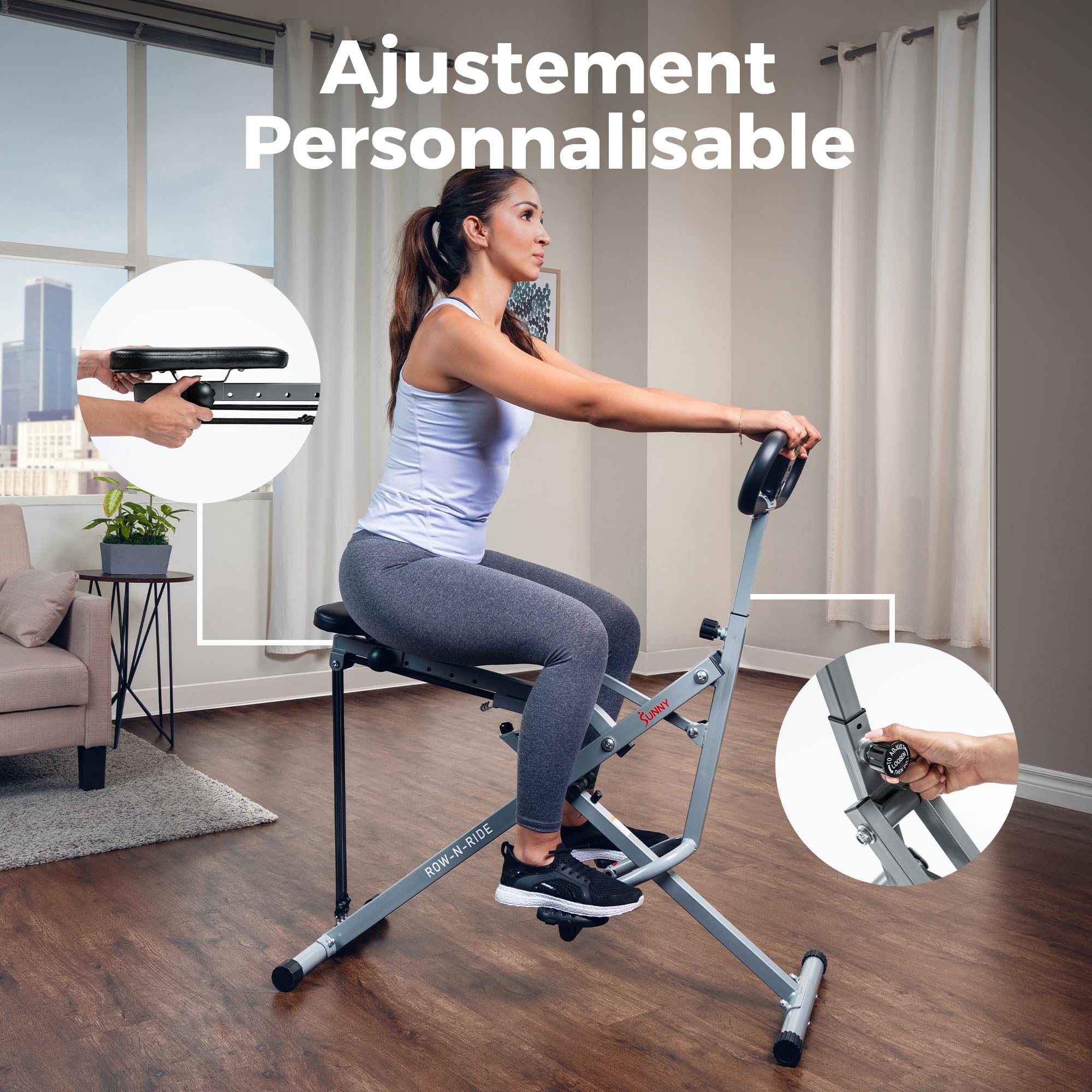 Sunny Health & Fitness Appareil Row-N-Ride Squat Assist, Équipement d’Entraînement Pliable avec Résistance Réglable, Machine de Fitness à Domicile pour Travailler Bras, Fessiers et Jambes, Option Plus