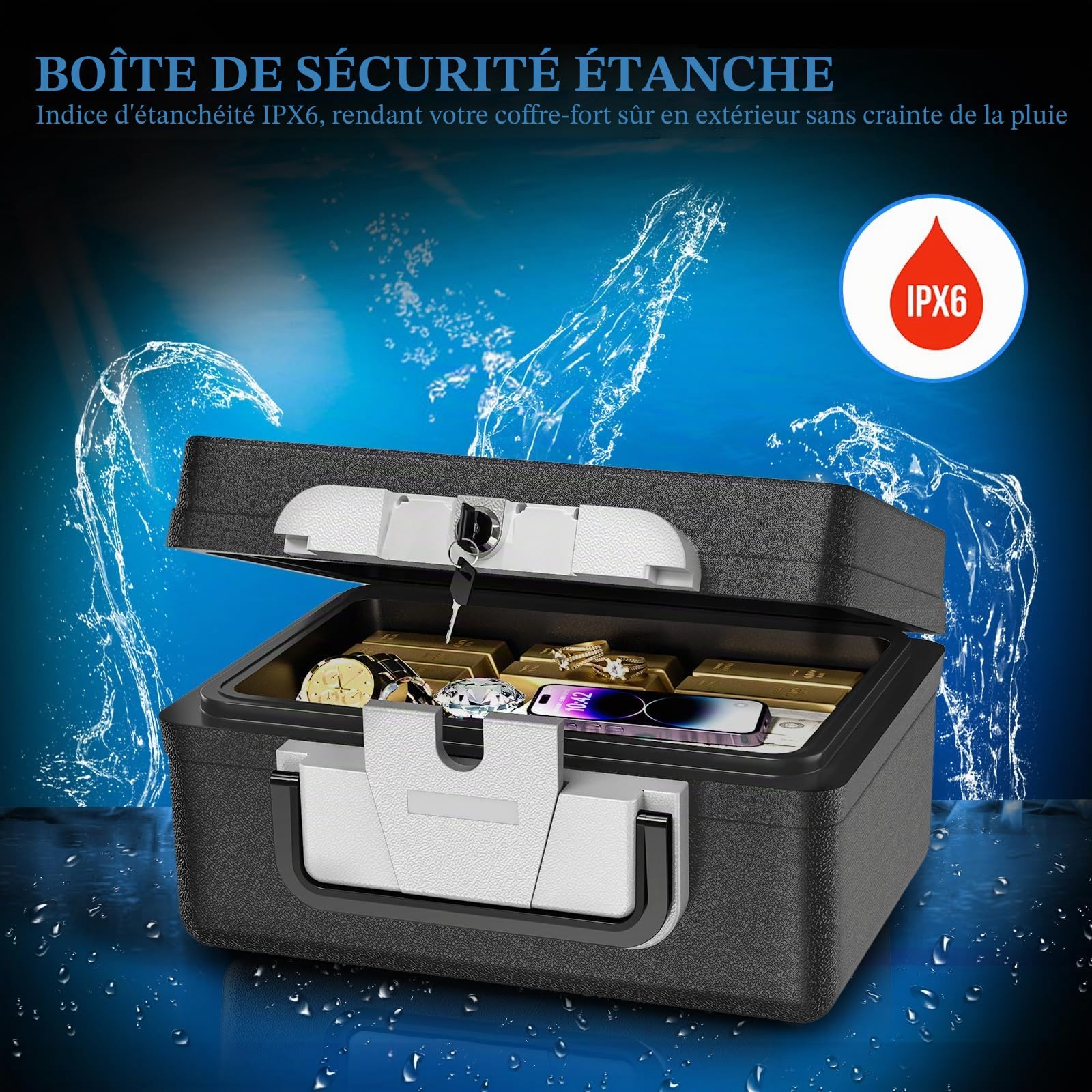 WASJOYE 21L Ignifuge Coffre fort Portable Etanche avec Clé, coffre fort anti feu, Boîte de Sécurité pour Documents Anti feu, Safe Box pour Argent en Espèces Médicaments Bijoux A4 Documents
