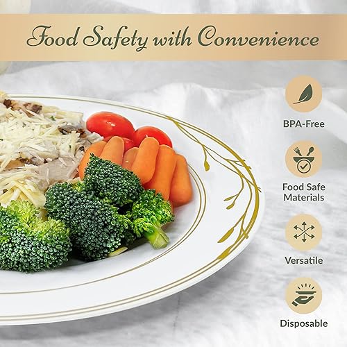 Miniatura 4 de Reli. Platos de plástico desechables, borde blanco y dorado (110 unidades, 10.25 pulgadas)  Plato de plástico duro  Elegantes platos redondos